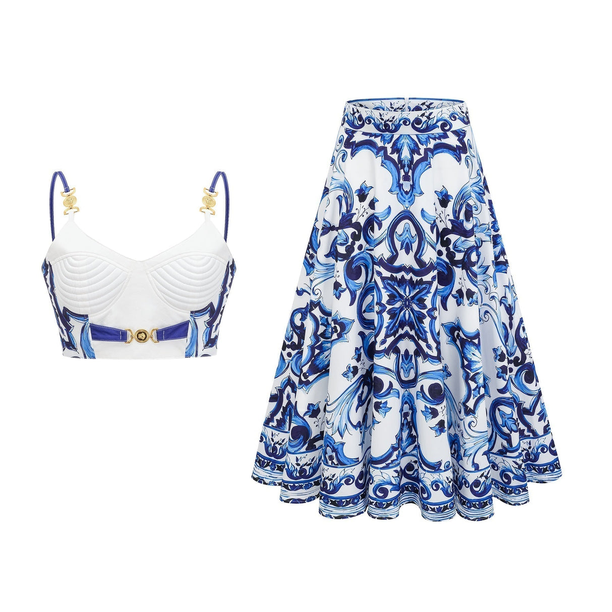 Lily Skirt & Top Set Blue & White Graphic Printed with Gold Accents