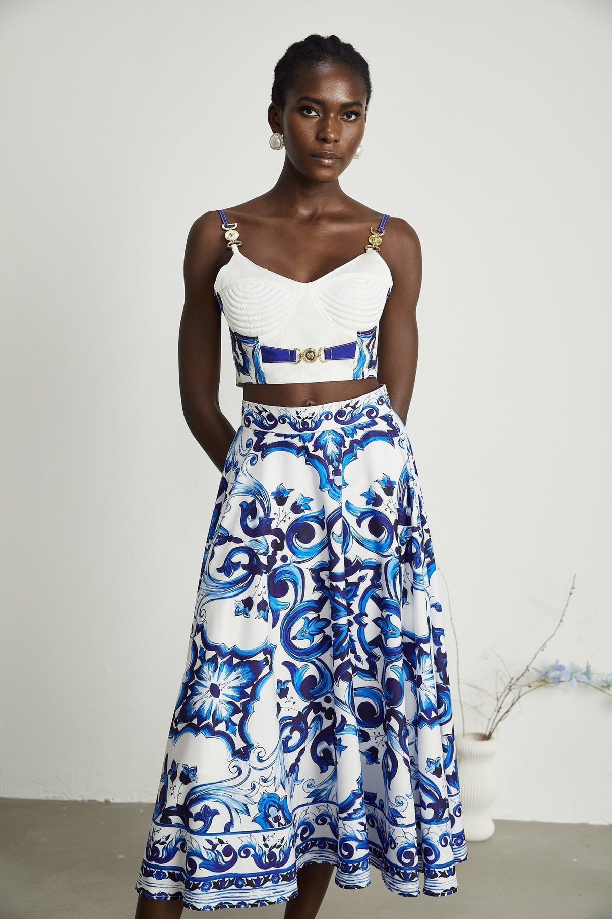 Lily Skirt & Top Set Blue & White Graphic Printed with Gold Accents