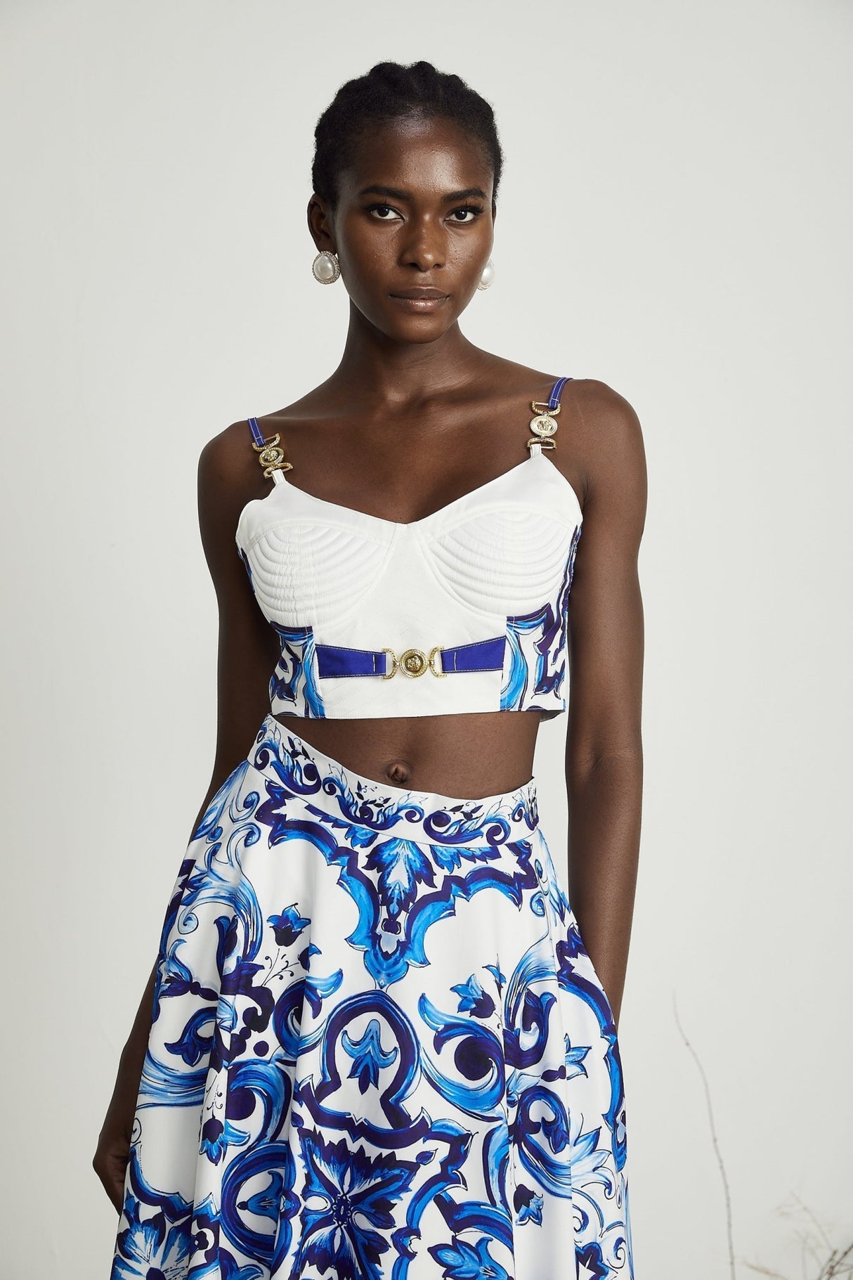 Lily Skirt & Top Set Blue & White Graphic Printed with Gold Accents