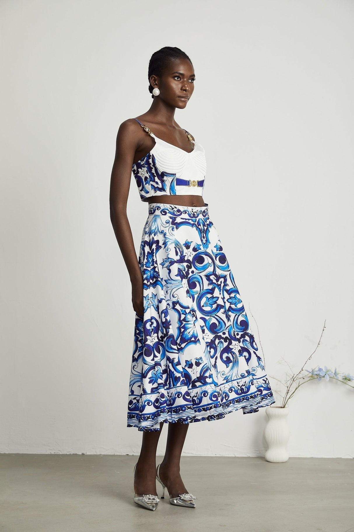 Lily Skirt & Top Set Blue & White Graphic Printed with Gold Accents