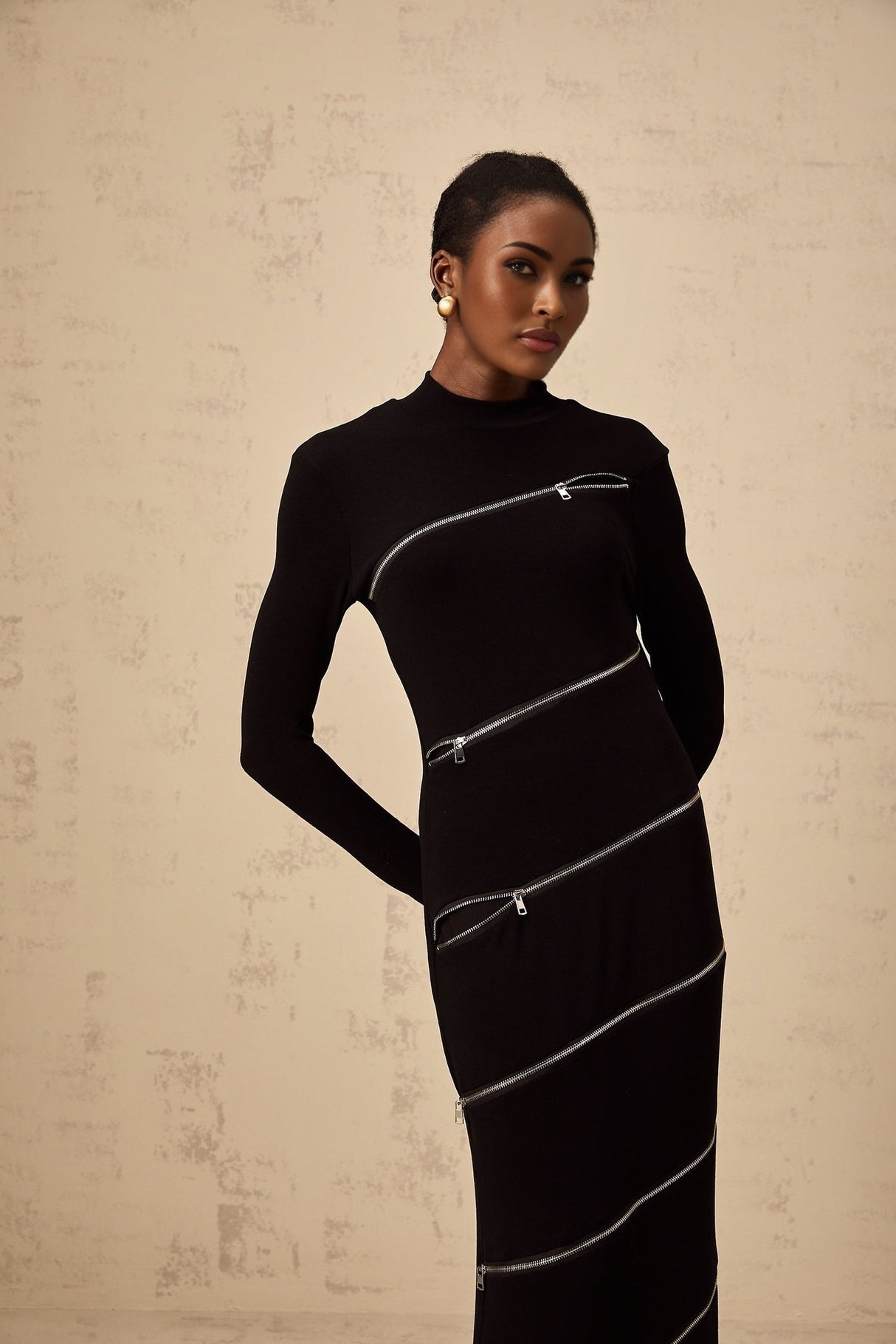 Lina Maxi Dress in Black with Trendy Mock Neck Long Sleeves & Zip Detailing