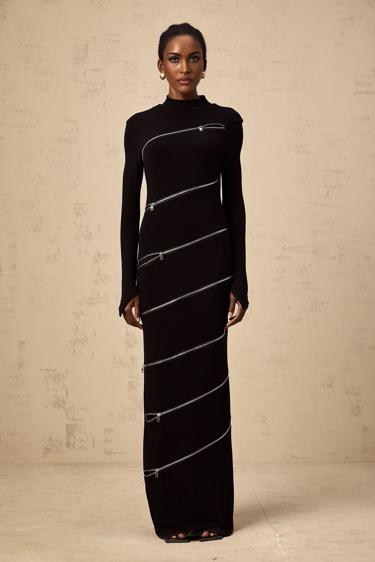 Lina Maxi Dress in Black with Trendy Mock Neck Long Sleeves & Zip Detailing