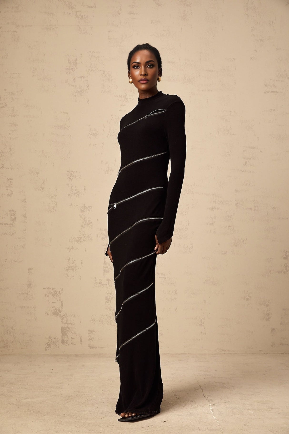 Lina Maxi Dress in Black with Trendy Mock Neck Long Sleeves & Zip Detailing