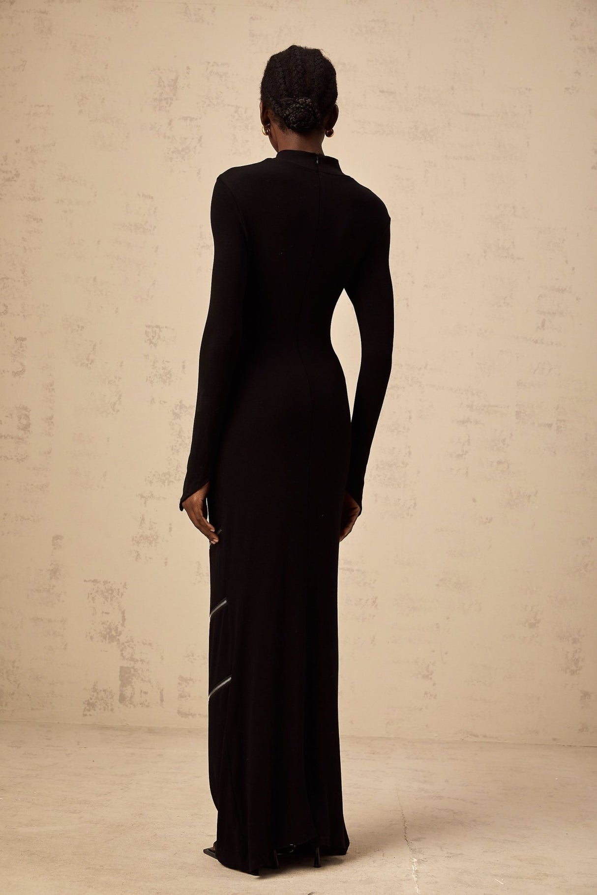 Lina Maxi Dress in Black with Trendy Mock Neck Long Sleeves & Zip Detailing