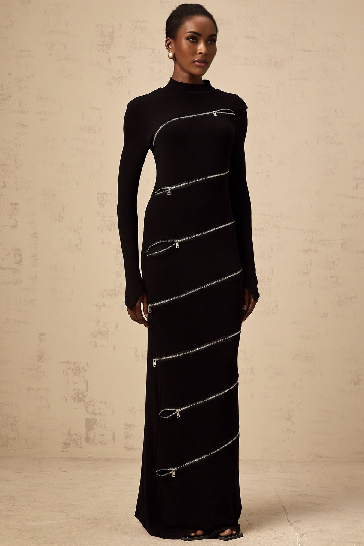 Lina Maxi Dress in Black with Trendy Mock Neck Long Sleeves & Zip Detailing