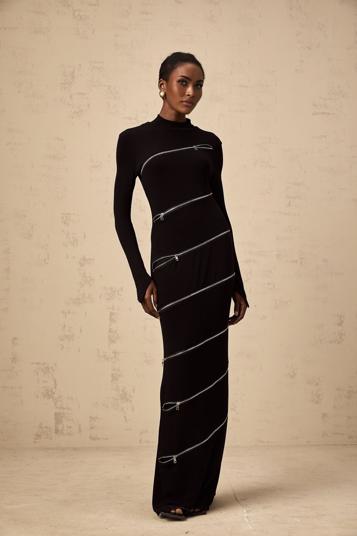 Lina Maxi Dress in Black with Trendy Mock Neck Long Sleeves & Zip Detailing