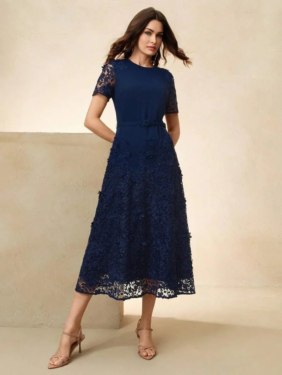 Lina Midi Dress - Round Neck - Formal & Evening - Regular Sleeve - High Waist - Elegant