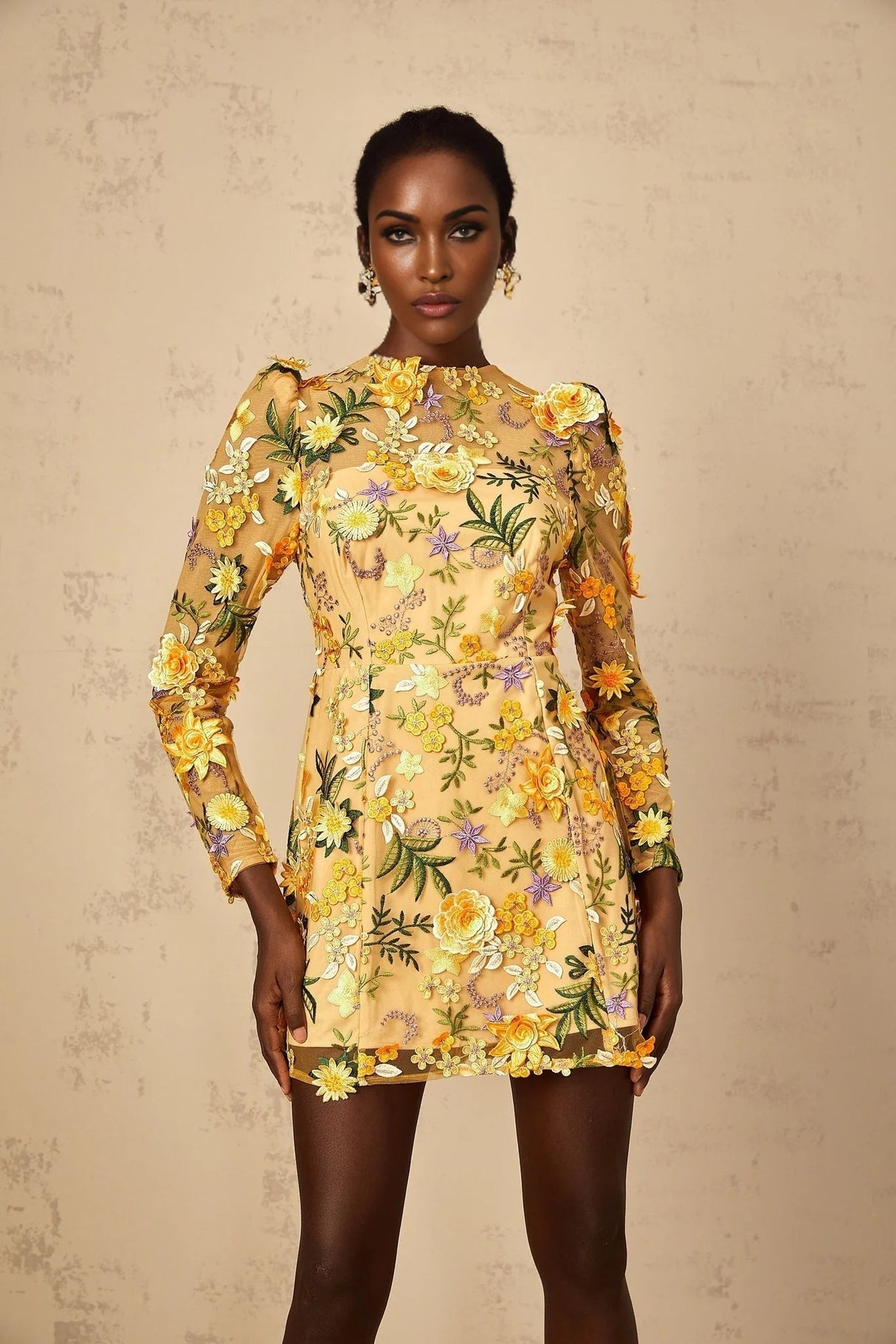 Lina Mini Dress 3D Floral Appliqu Yellow Garden