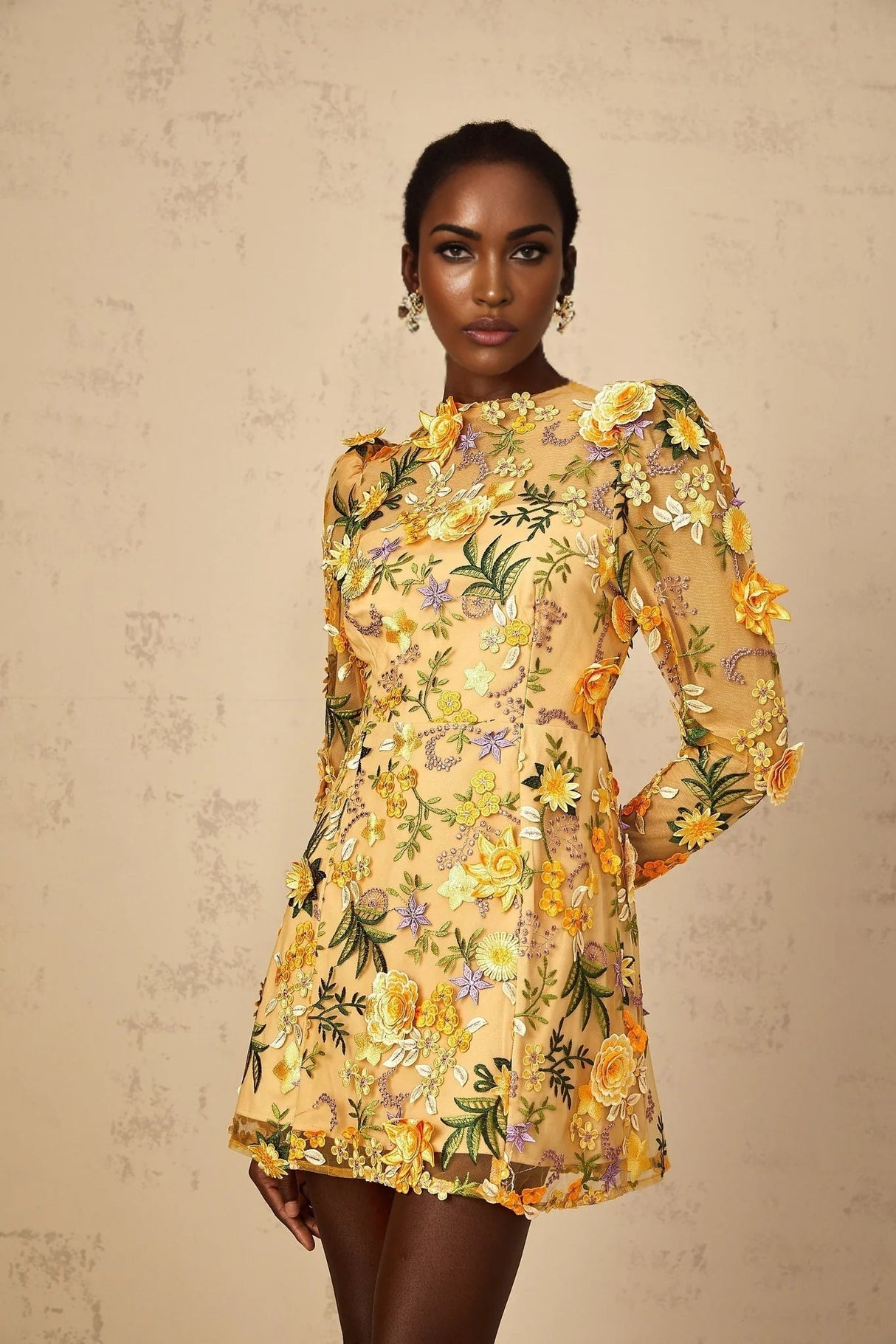 Lina Mini Dress 3D Floral Appliqu Yellow Garden