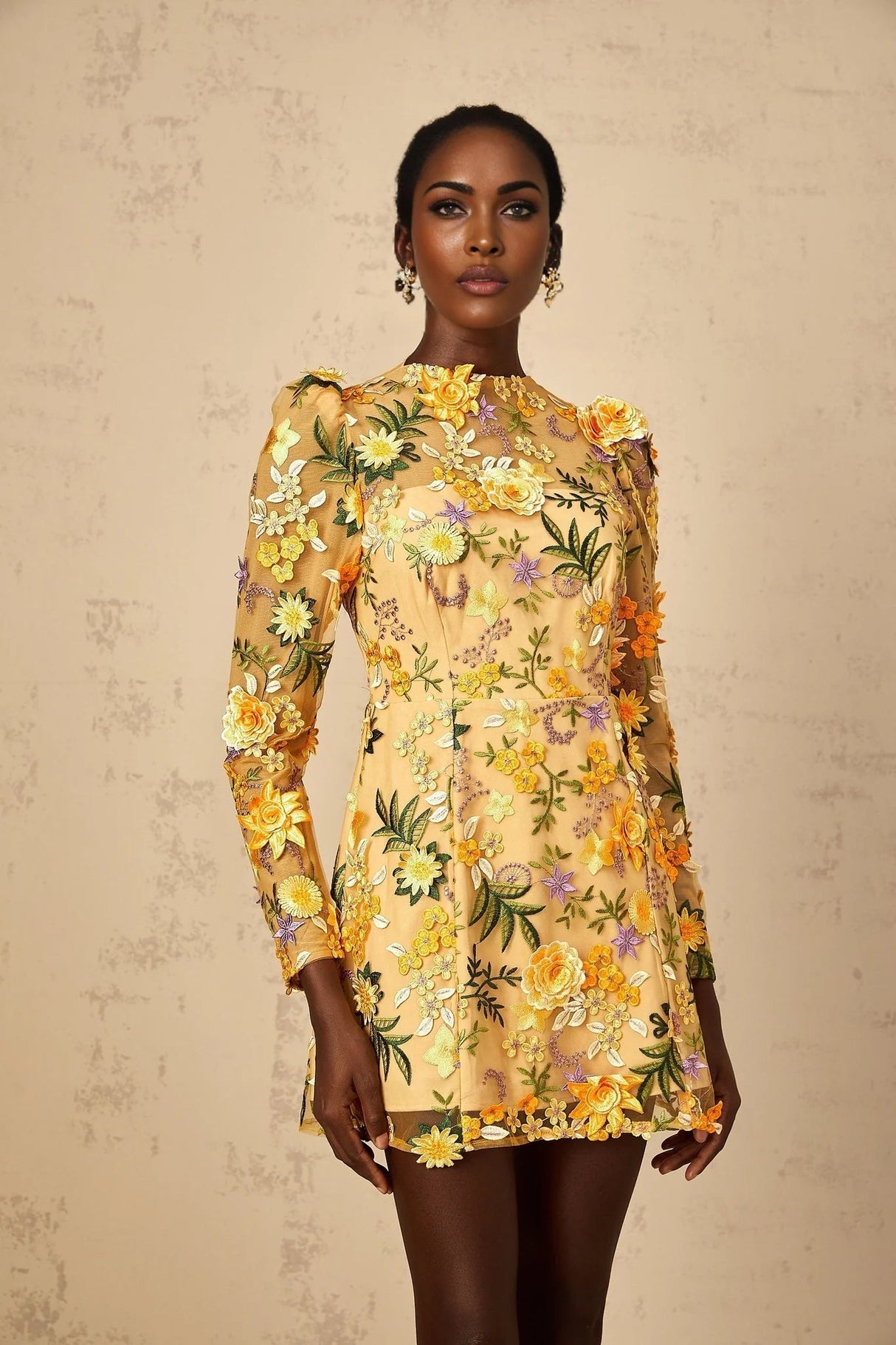 Lina Mini Dress 3D Floral Appliqu Yellow Garden