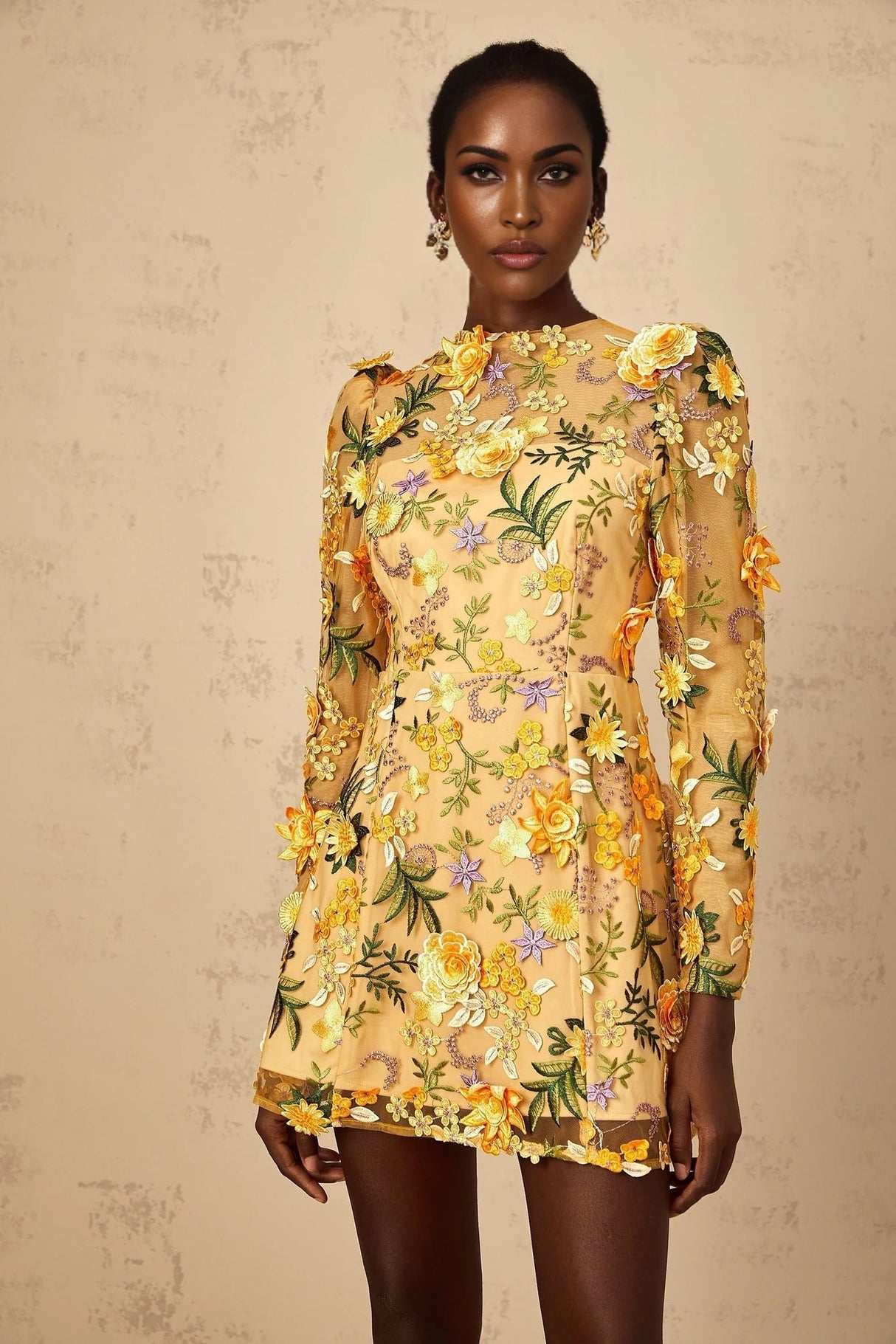 Lina Mini Dress 3D Floral Appliqu Yellow Garden