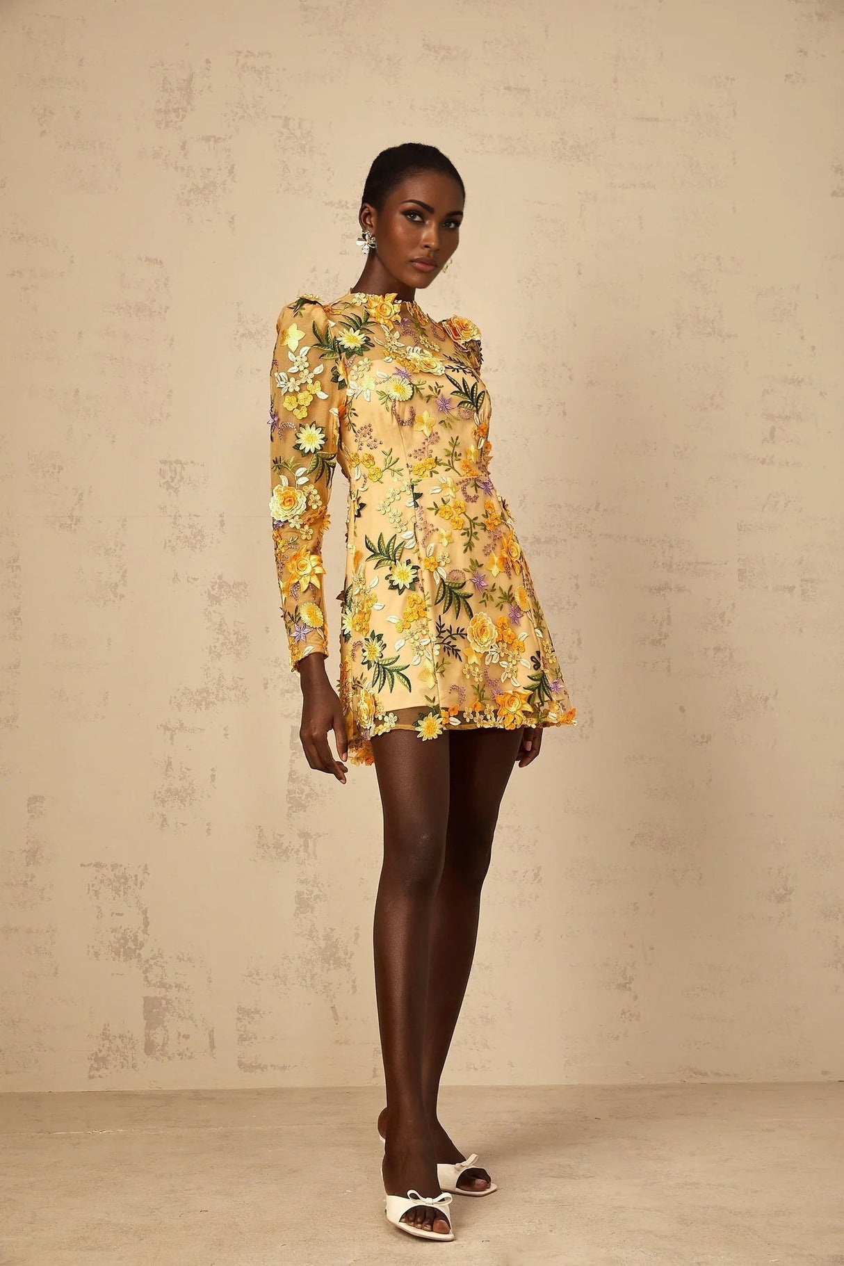 Lina Mini Dress 3D Floral Appliqu Yellow Garden