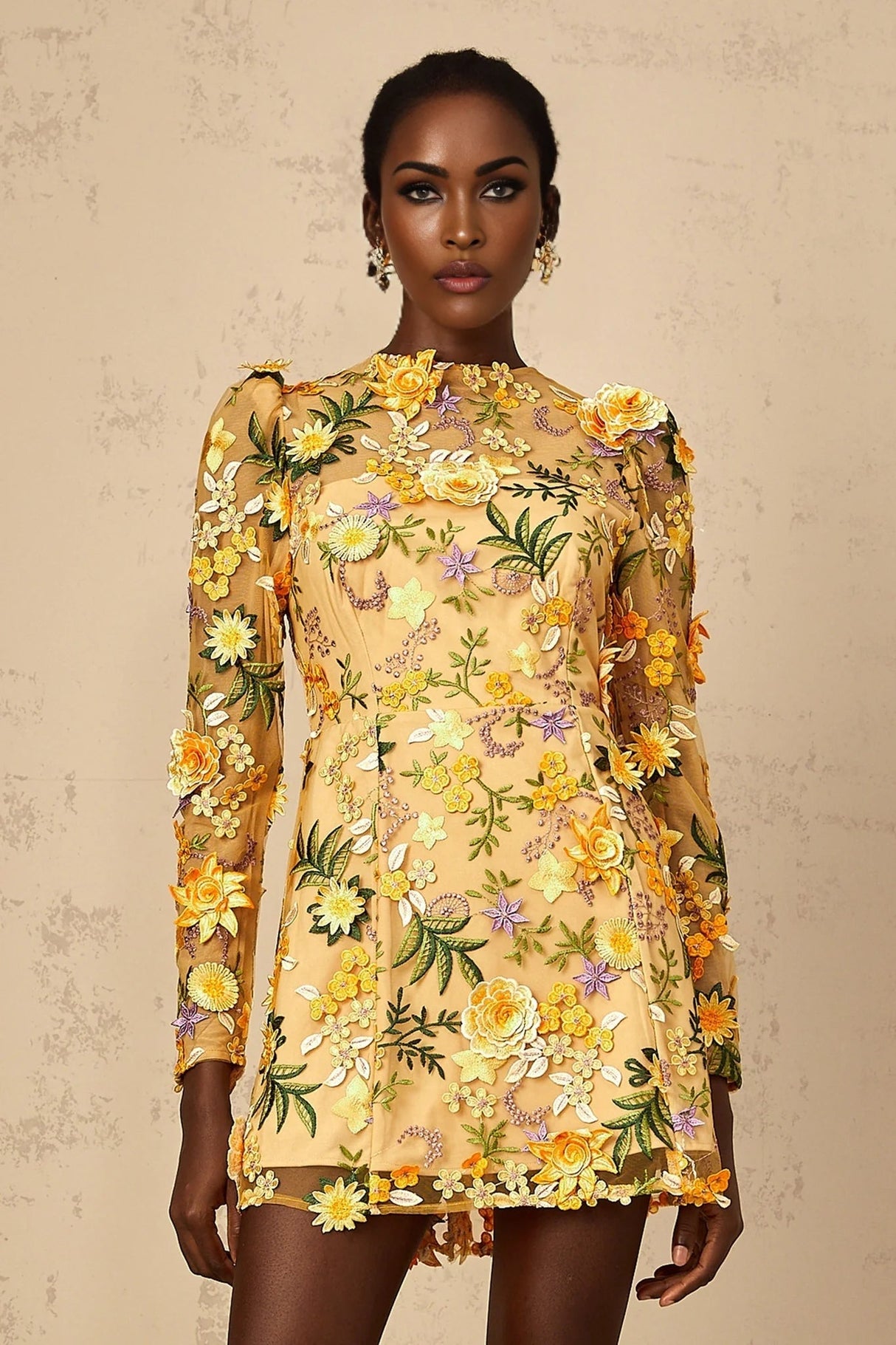 Lina Mini Dress 3D Floral Appliqu Yellow Garden