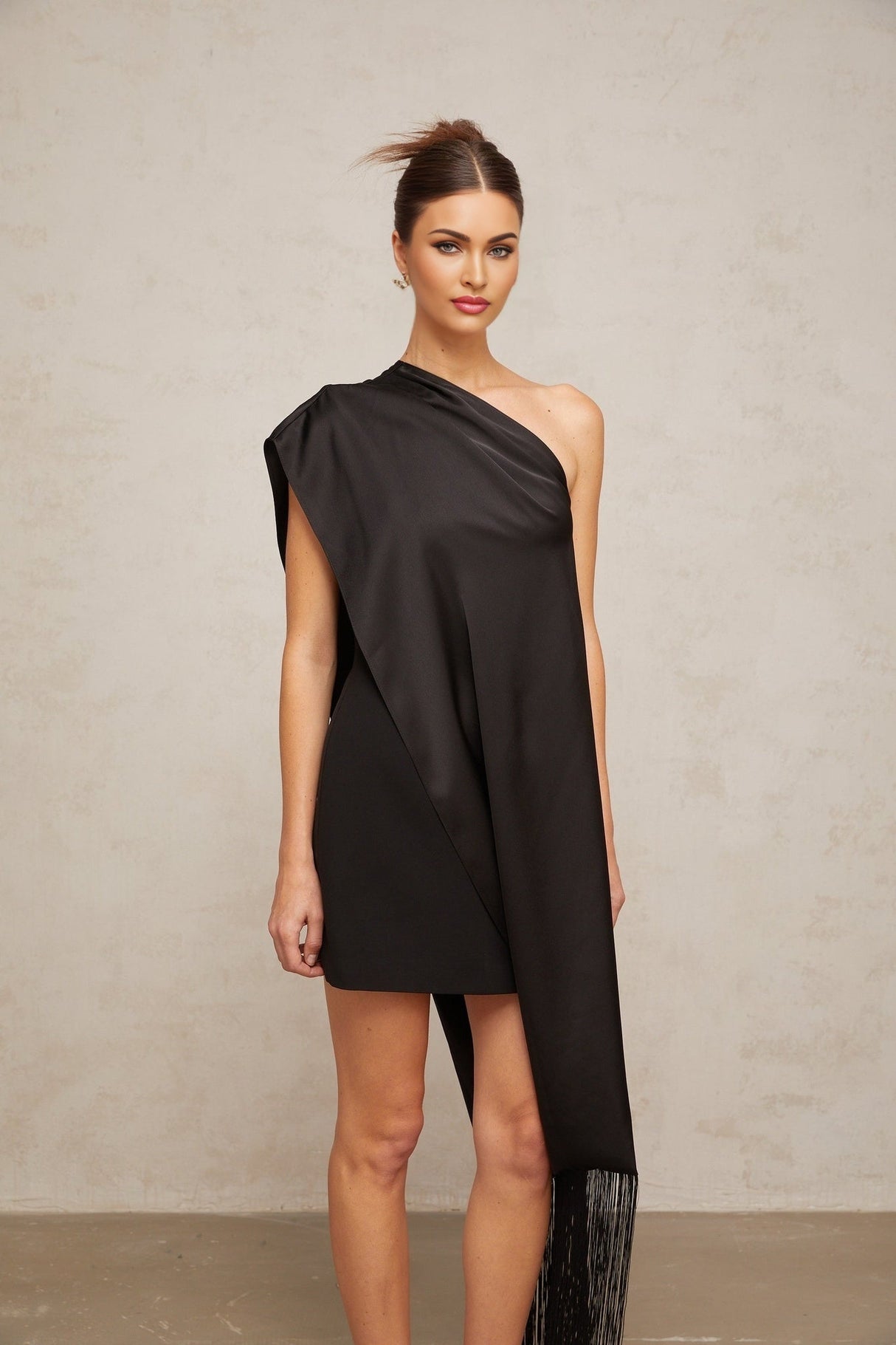 Lina Mini Dress Black One Shoulder Tassel & Detachable Shawl