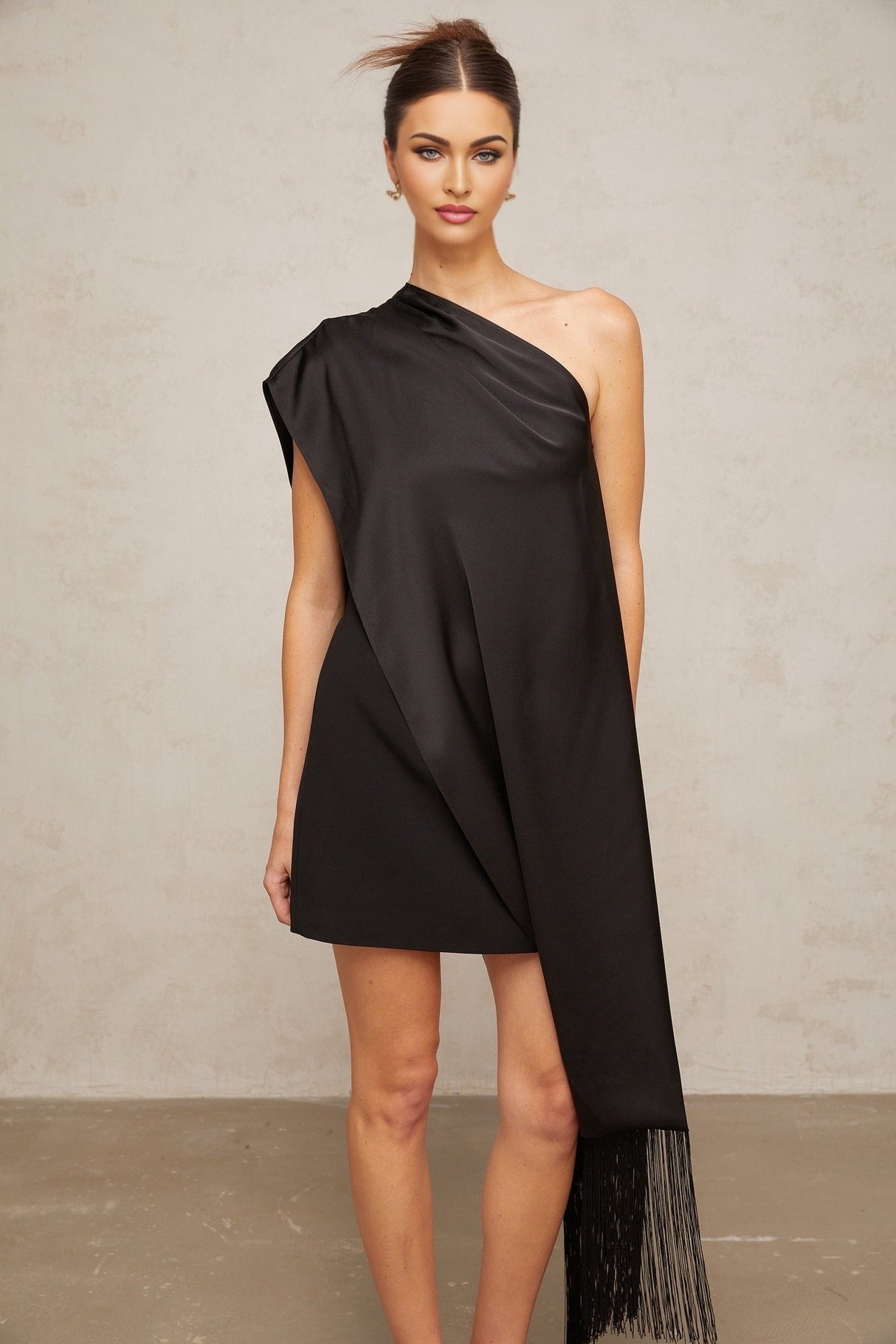Lina Mini Dress Black One Shoulder Tassel & Detachable Shawl