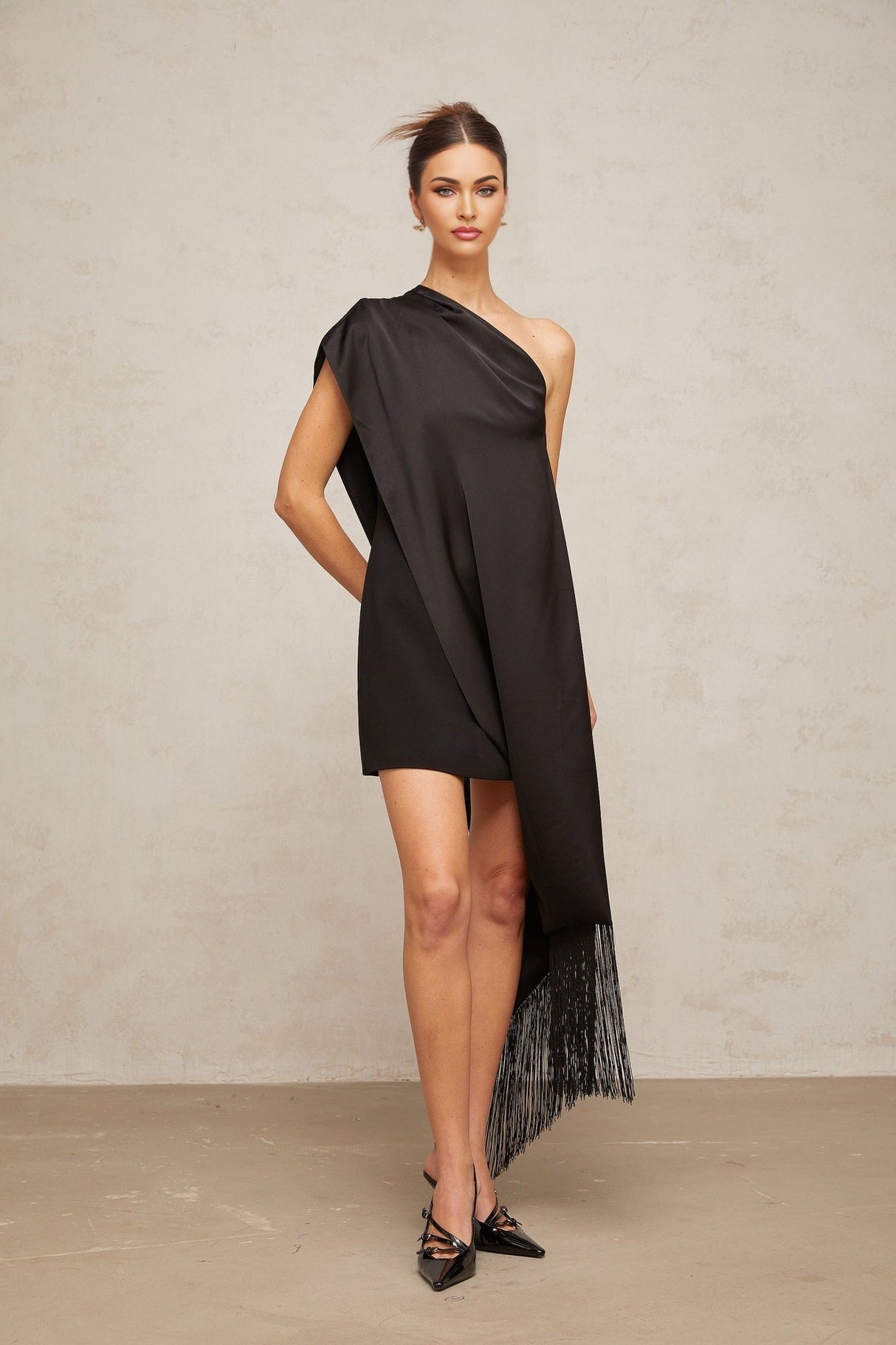 Lina Mini Dress Black One Shoulder Tassel & Detachable Shawl