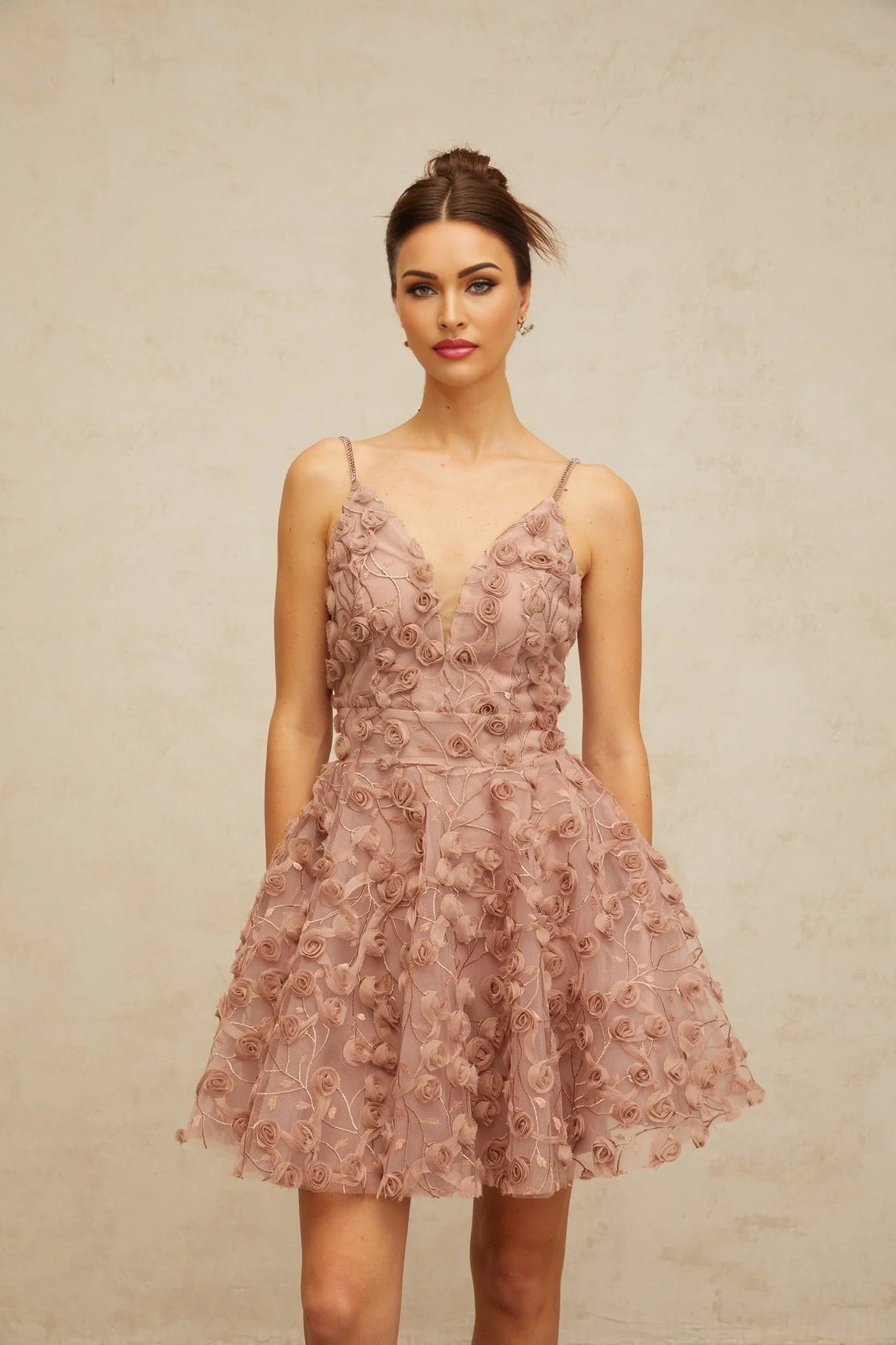 Lina Mini Dress Dusty - Pink Rose Appliqu Flounce Hem