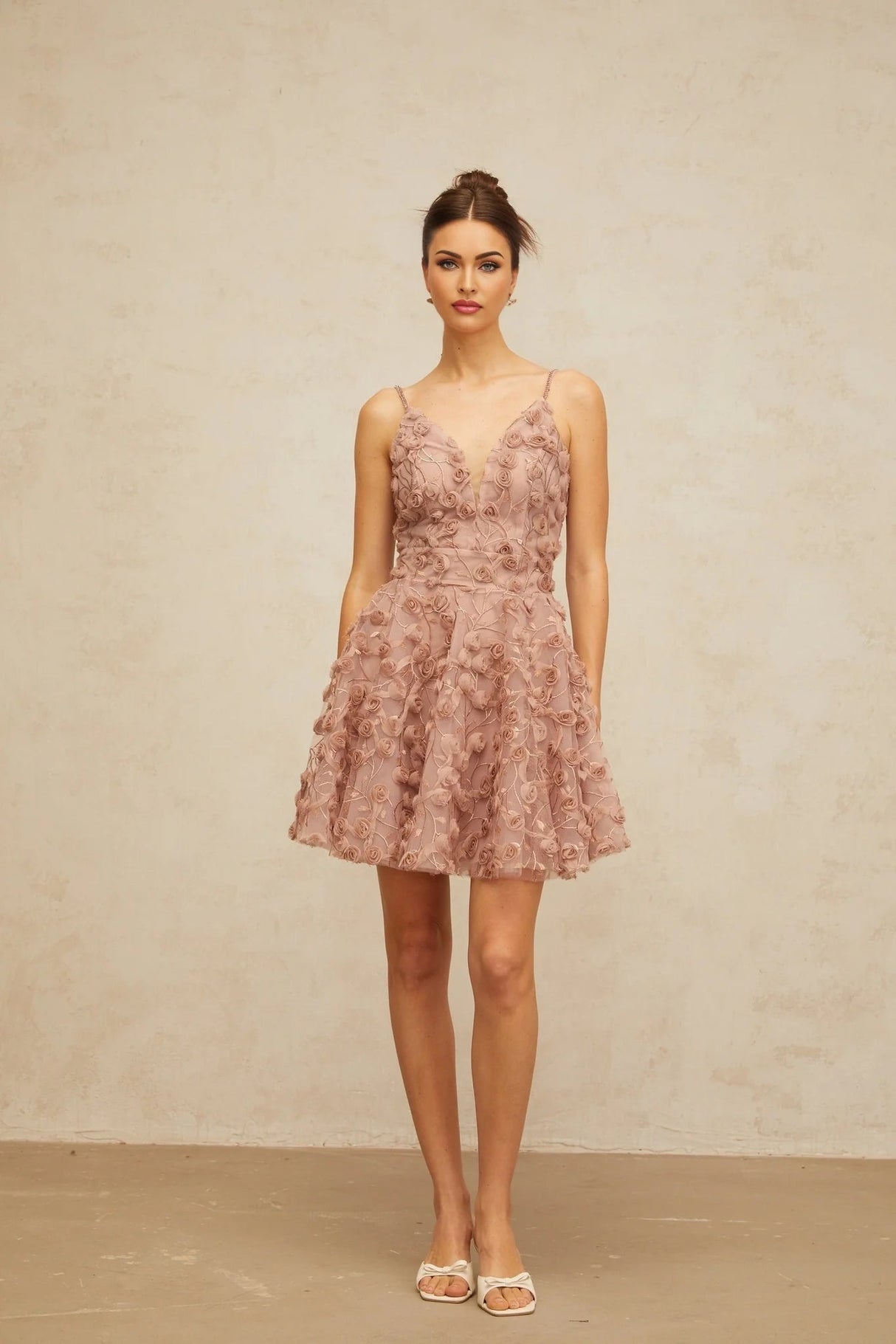 Lina Mini Dress Dusty - Pink Rose Appliqu Flounce Hem