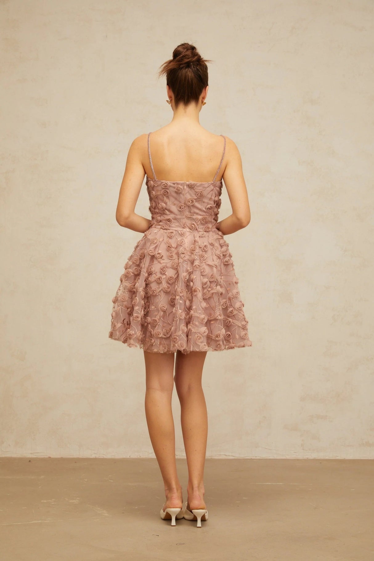 Lina Mini Dress Dusty - Pink Rose Appliqu Flounce Hem