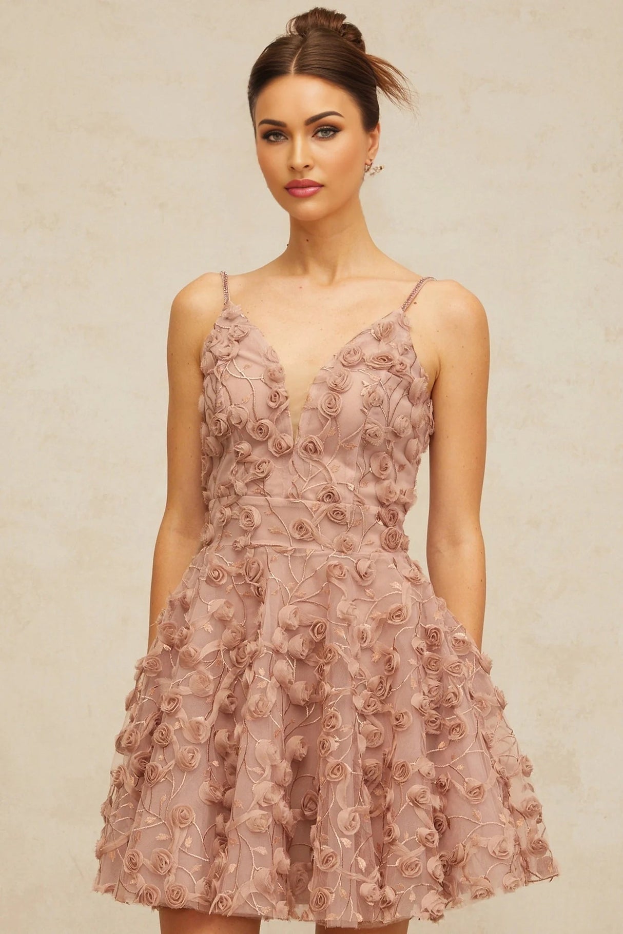 Lina Mini Dress Dusty - Pink Rose Appliqu Flounce Hem