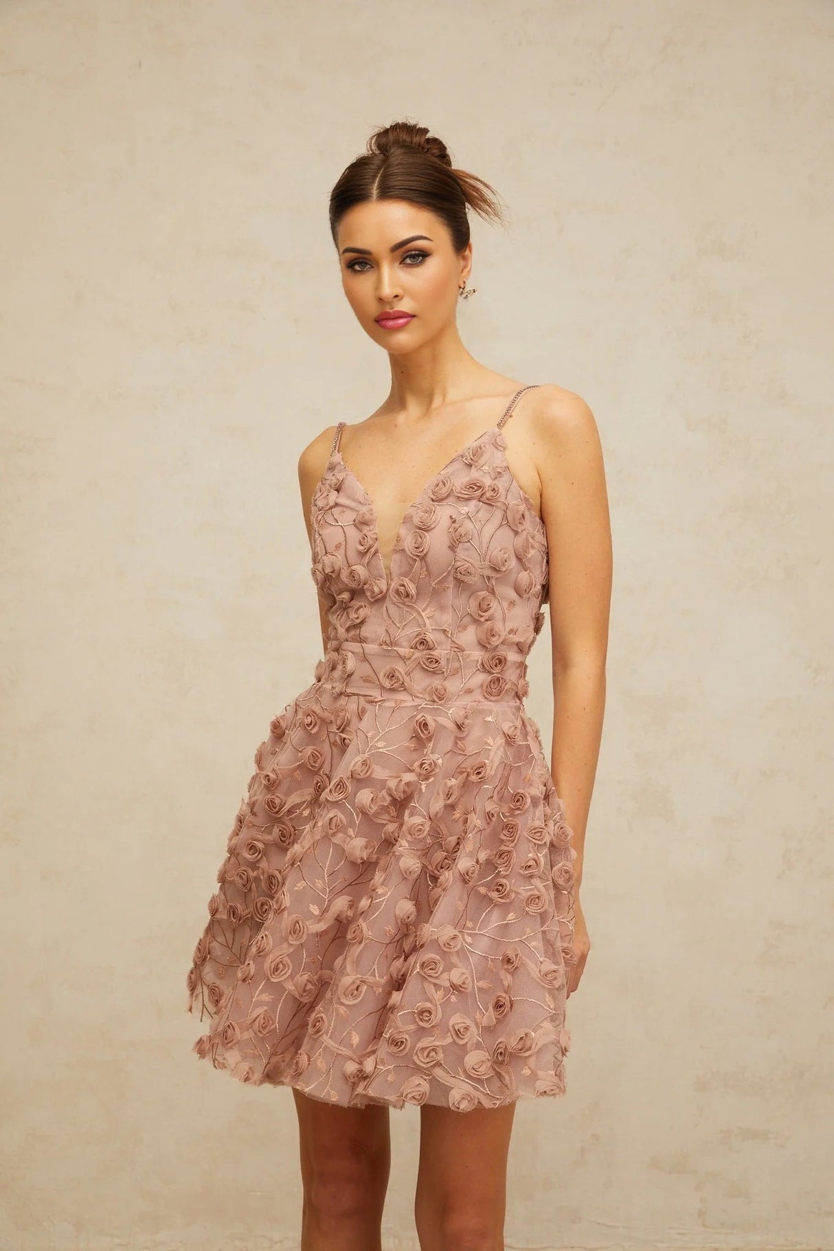 Lina Mini Dress Dusty - Pink Rose Appliqu Flounce Hem