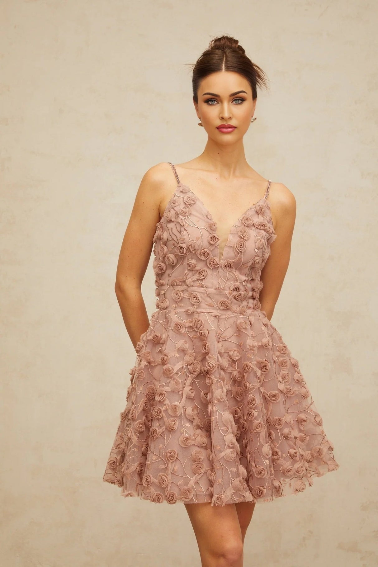 Lina Mini Dress Dusty - Pink Rose Appliqu Flounce Hem