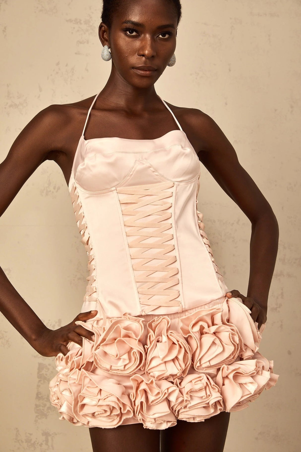 Lina Top & Skirt Set Pink Faux - Flower Halter Corset Mini Elasticized