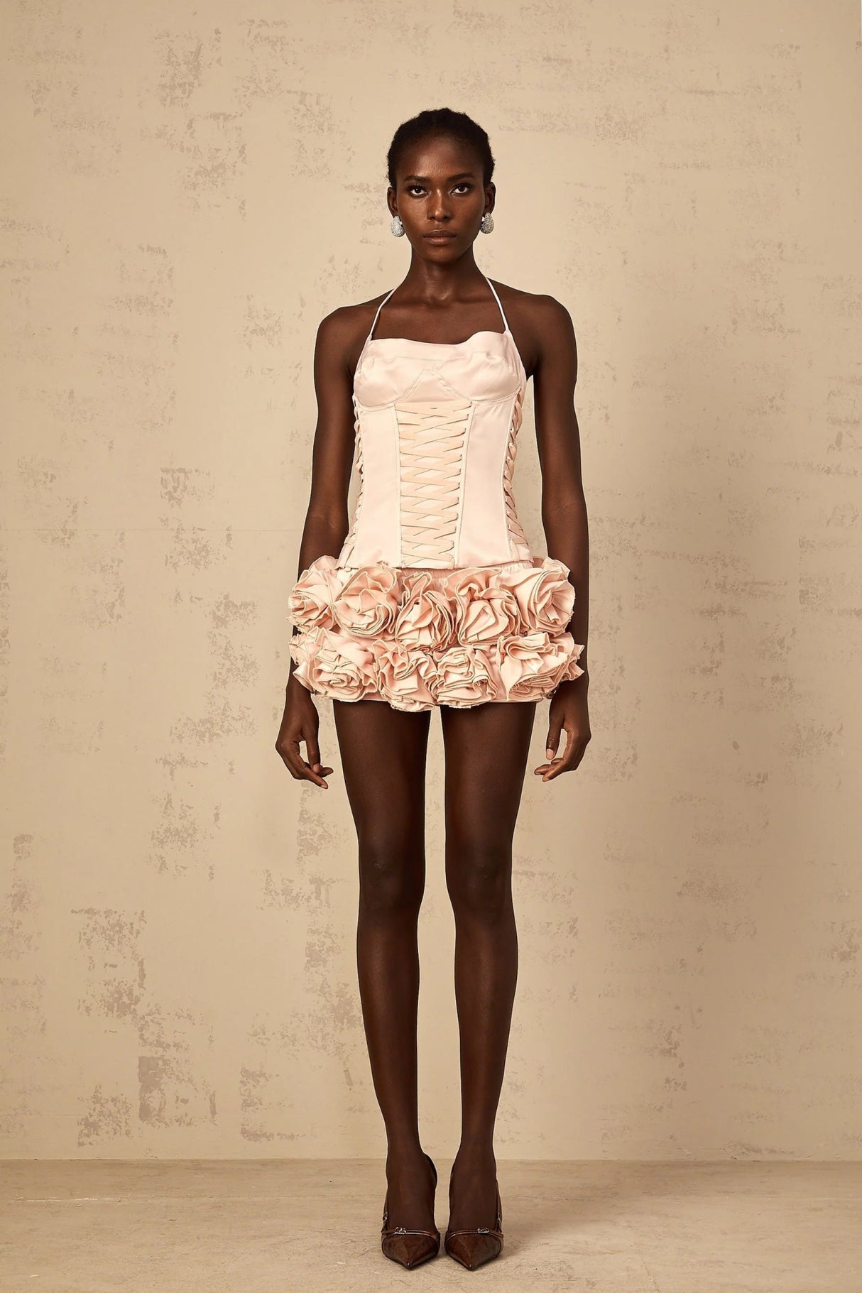 Lina Top & Skirt Set Pink Faux - Flower Halter Corset Mini Elasticized