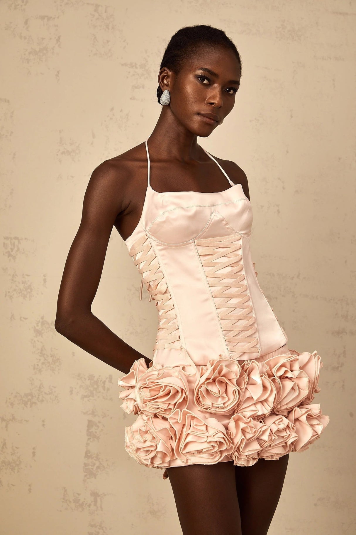 Lina Top & Skirt Set Pink Faux - Flower Halter Corset Mini Elasticized