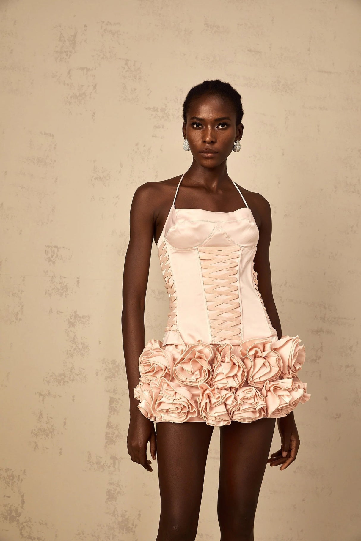 Lina Top & Skirt Set Pink Faux - Flower Halter Corset Mini Elasticized