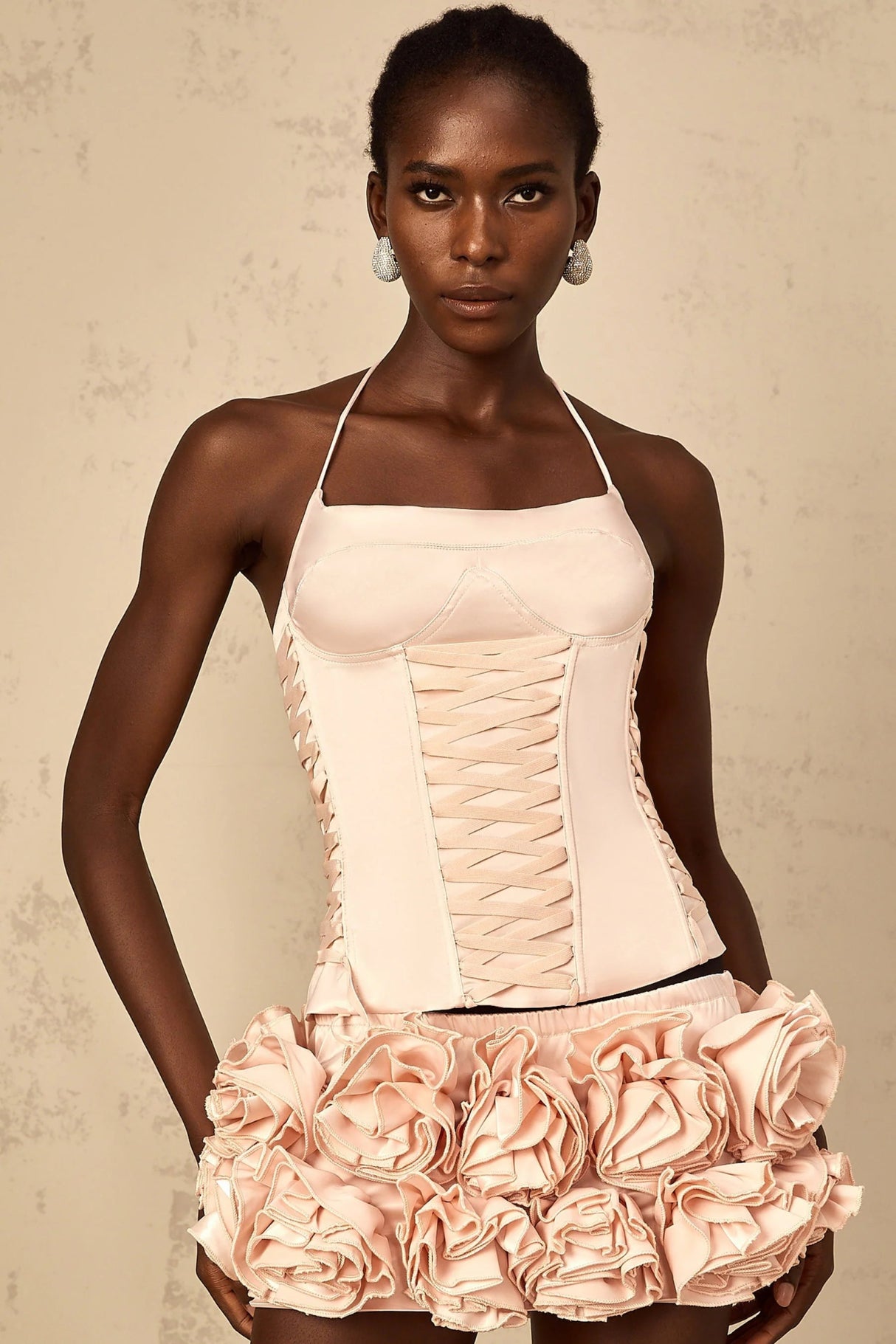 Lina Top & Skirt Set Pink Faux - Flower Halter Corset Mini Elasticized