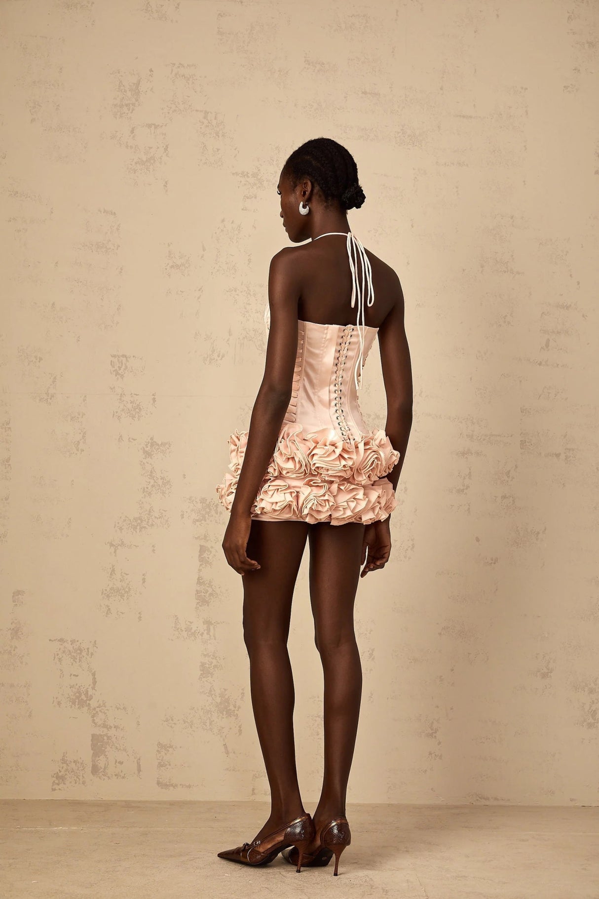 Lina Top & Skirt Set Pink Faux - Flower Halter Corset Mini Elasticized