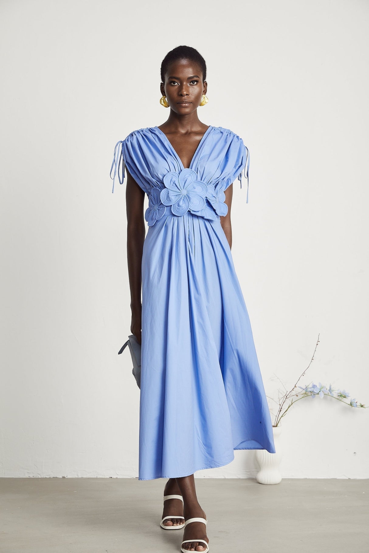 Lina Vibrant Blue Maxi Dress with Petal Details and Ribbon Accent