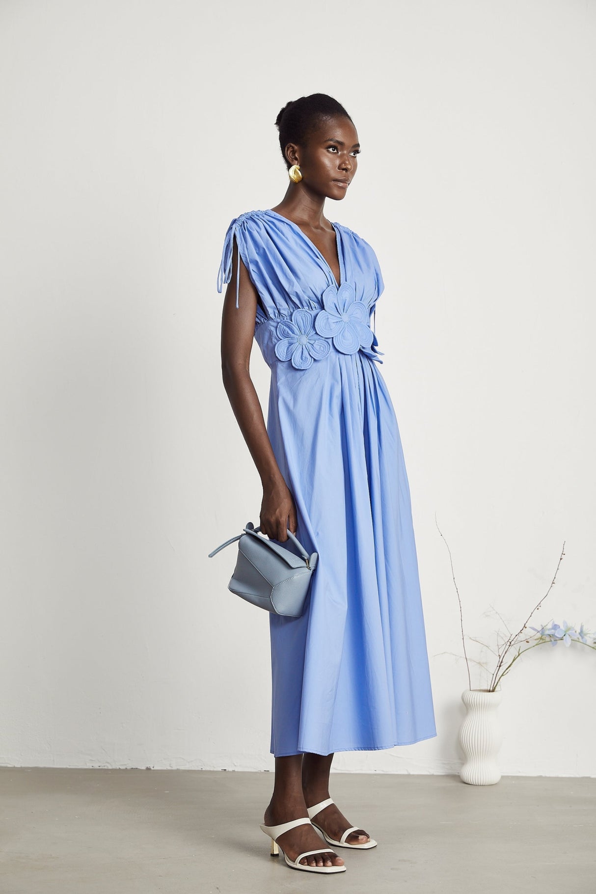 Lina Vibrant Blue Maxi Dress with Petal Details and Ribbon Accent