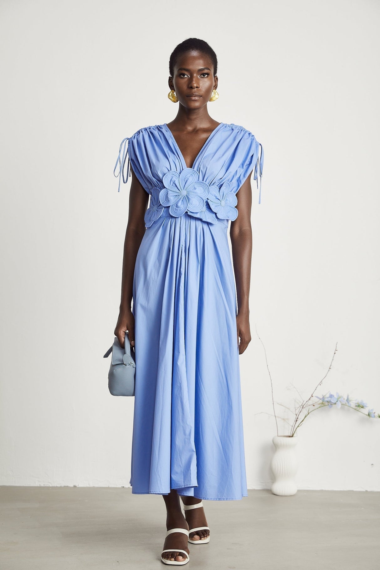 Lina Vibrant Blue Maxi Dress with Petal Details and Ribbon Accent