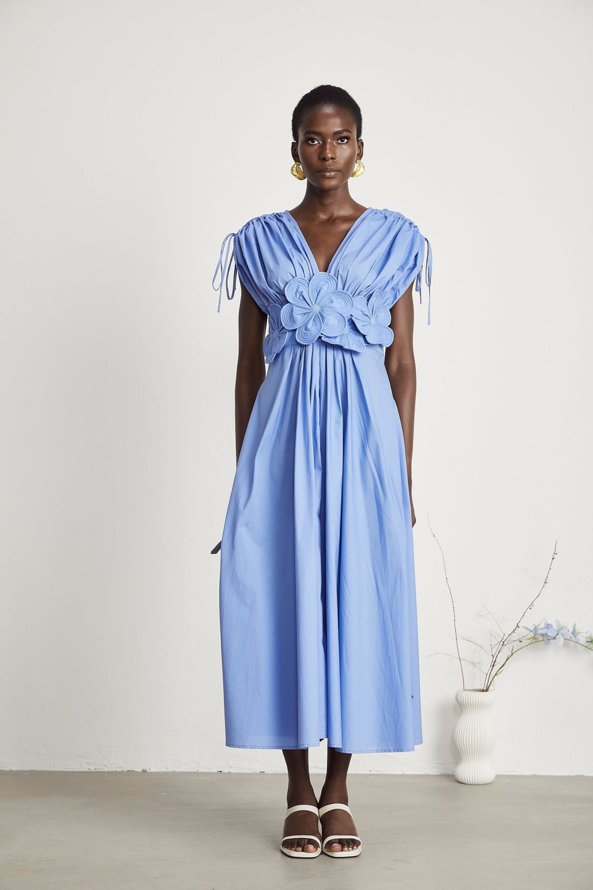 Lina Vibrant Blue Maxi Dress with Petal Details and Ribbon Accent