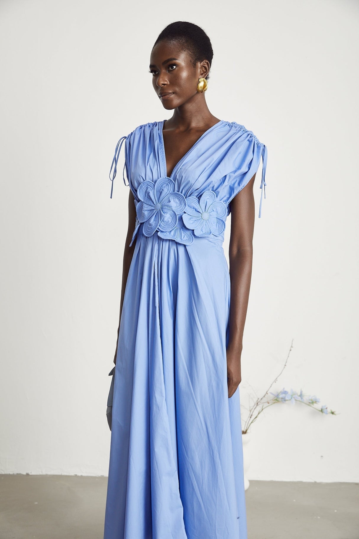 Lina Vibrant Blue Maxi Dress with Petal Details and Ribbon Accent
