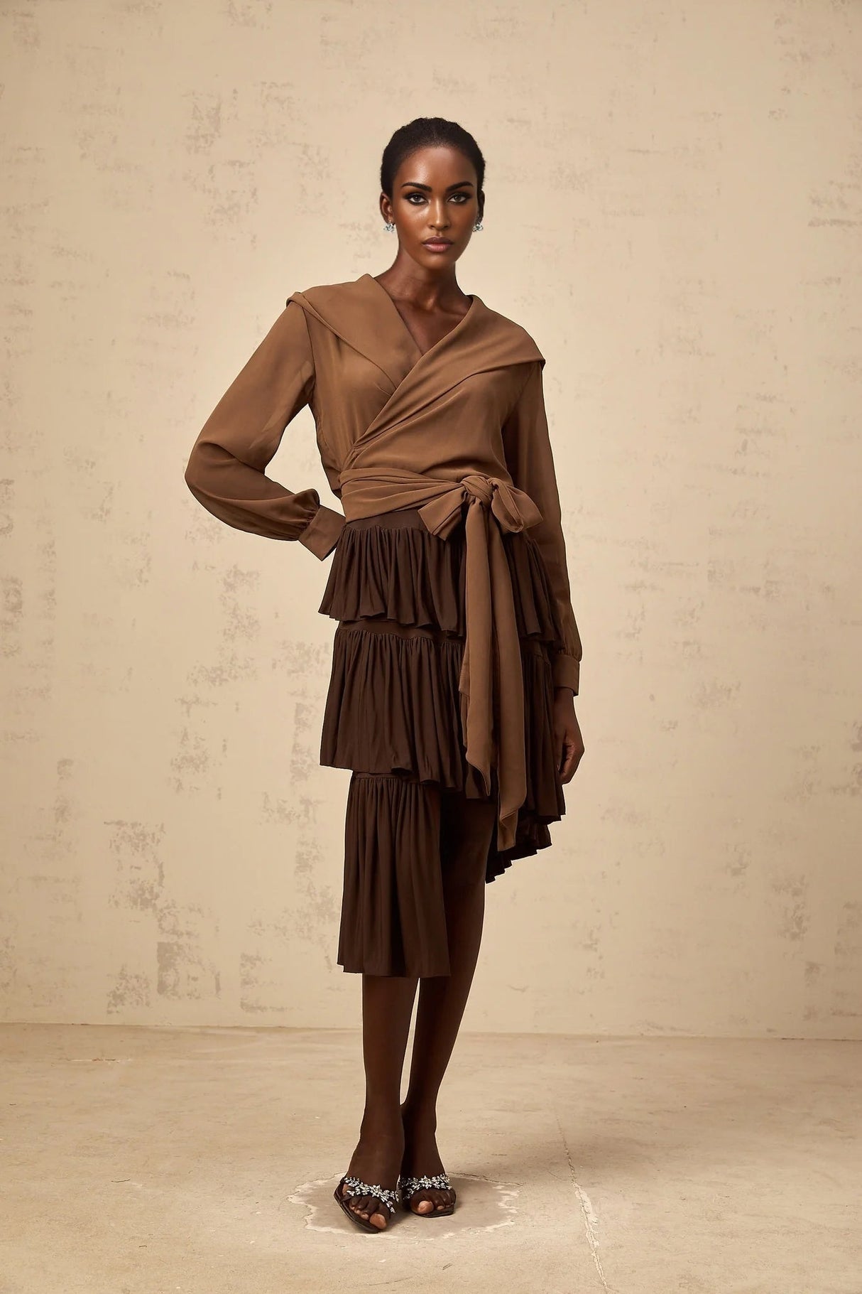 Liora Brown Pleated Tiered Mini Skirt