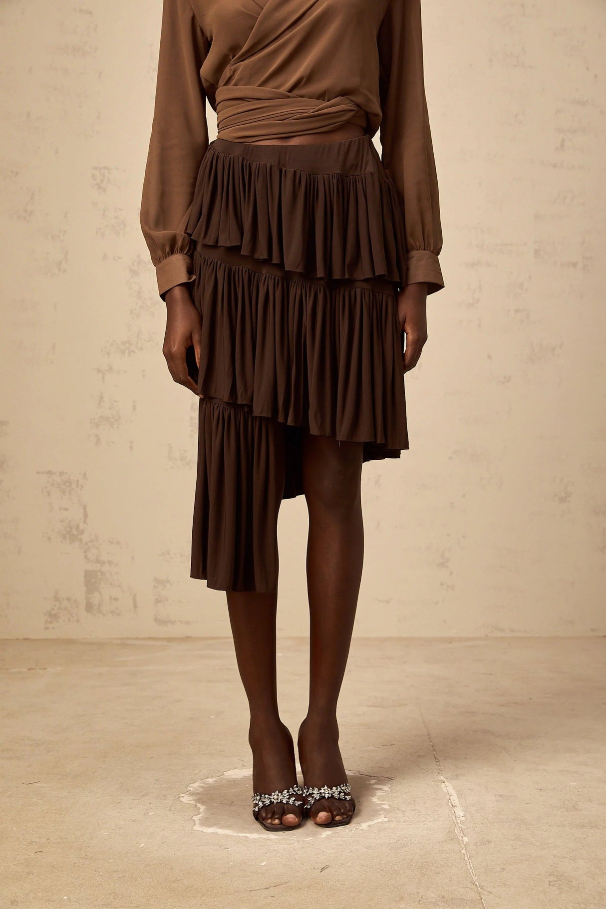 Liora Brown Pleated Tiered Mini Skirt