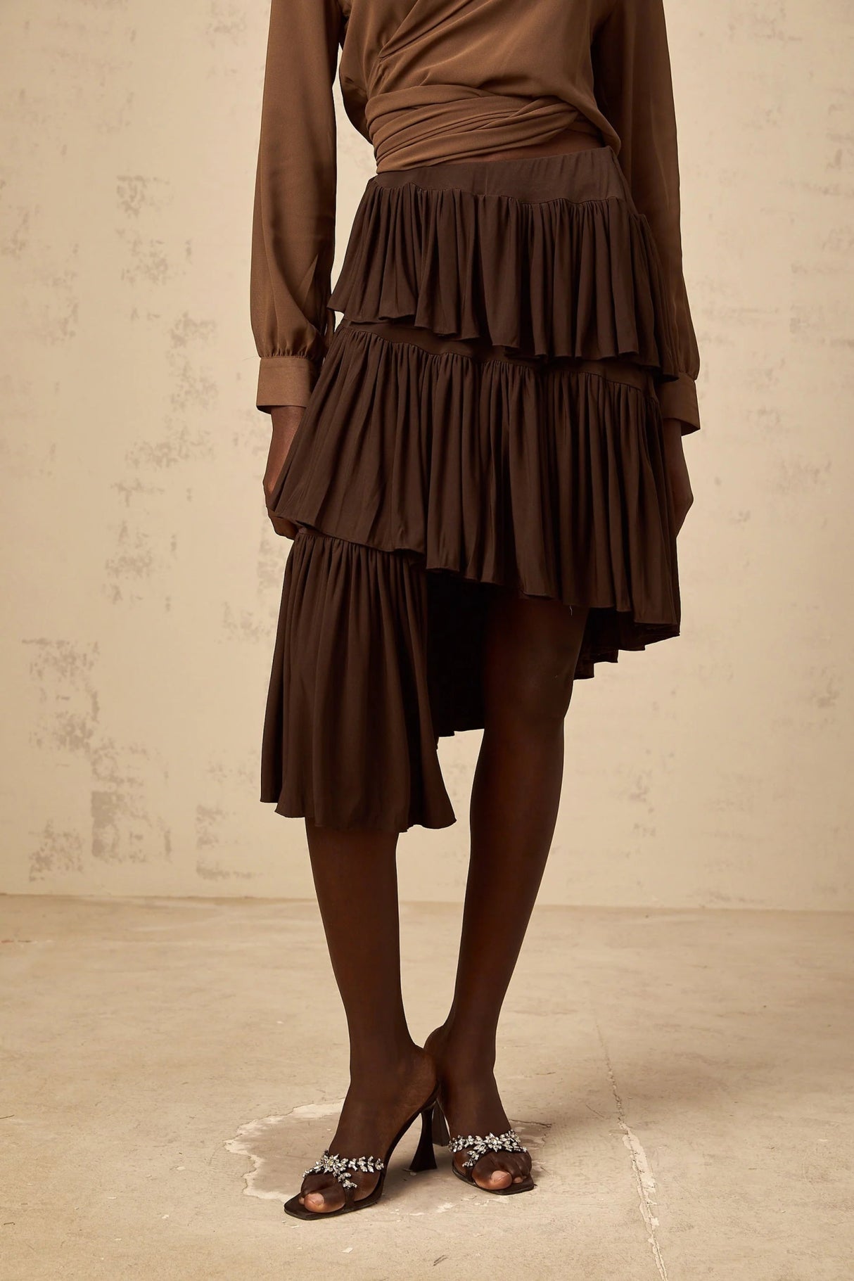 Liora Brown Pleated Tiered Mini Skirt