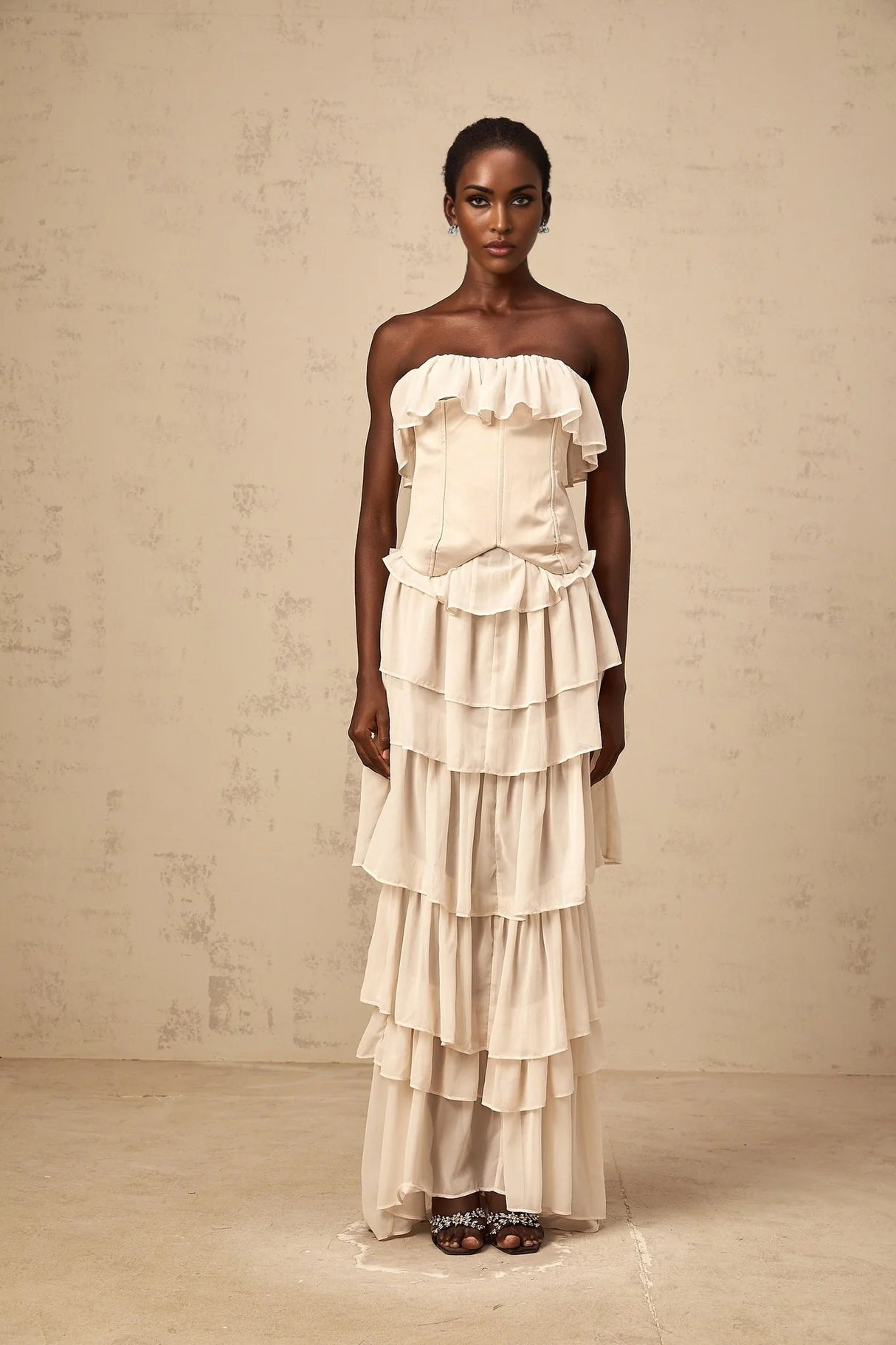 Lodovica Corset & Dress Set with Layered Ruffles in Neutrals