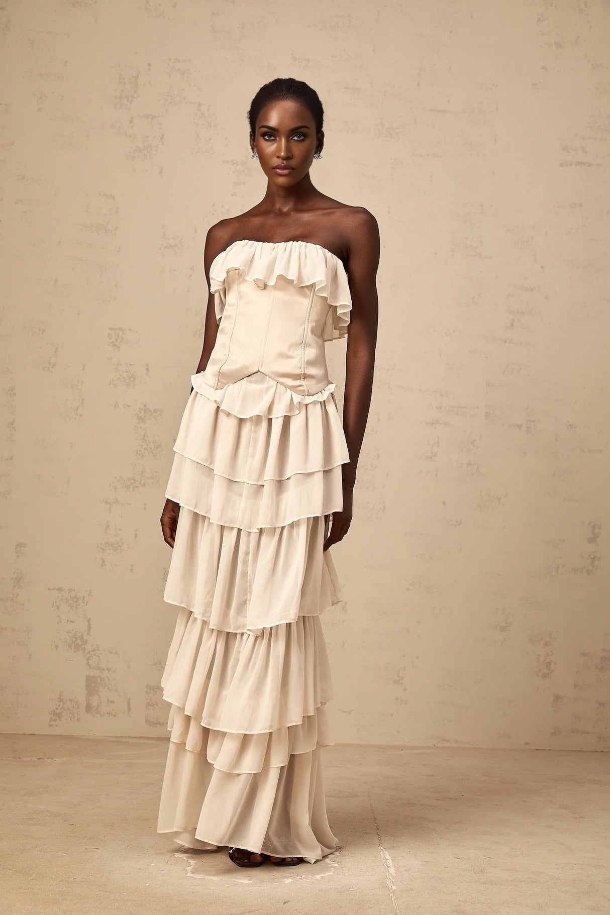Lodovica Corset & Dress Set with Layered Ruffles in Neutrals
