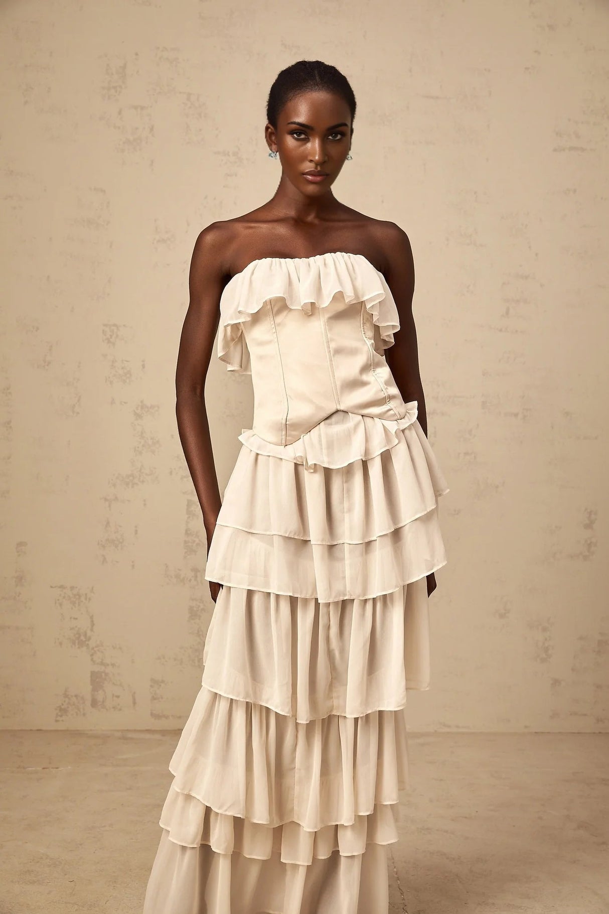 Lodovica Corset & Dress Set with Layered Ruffles in Neutrals
