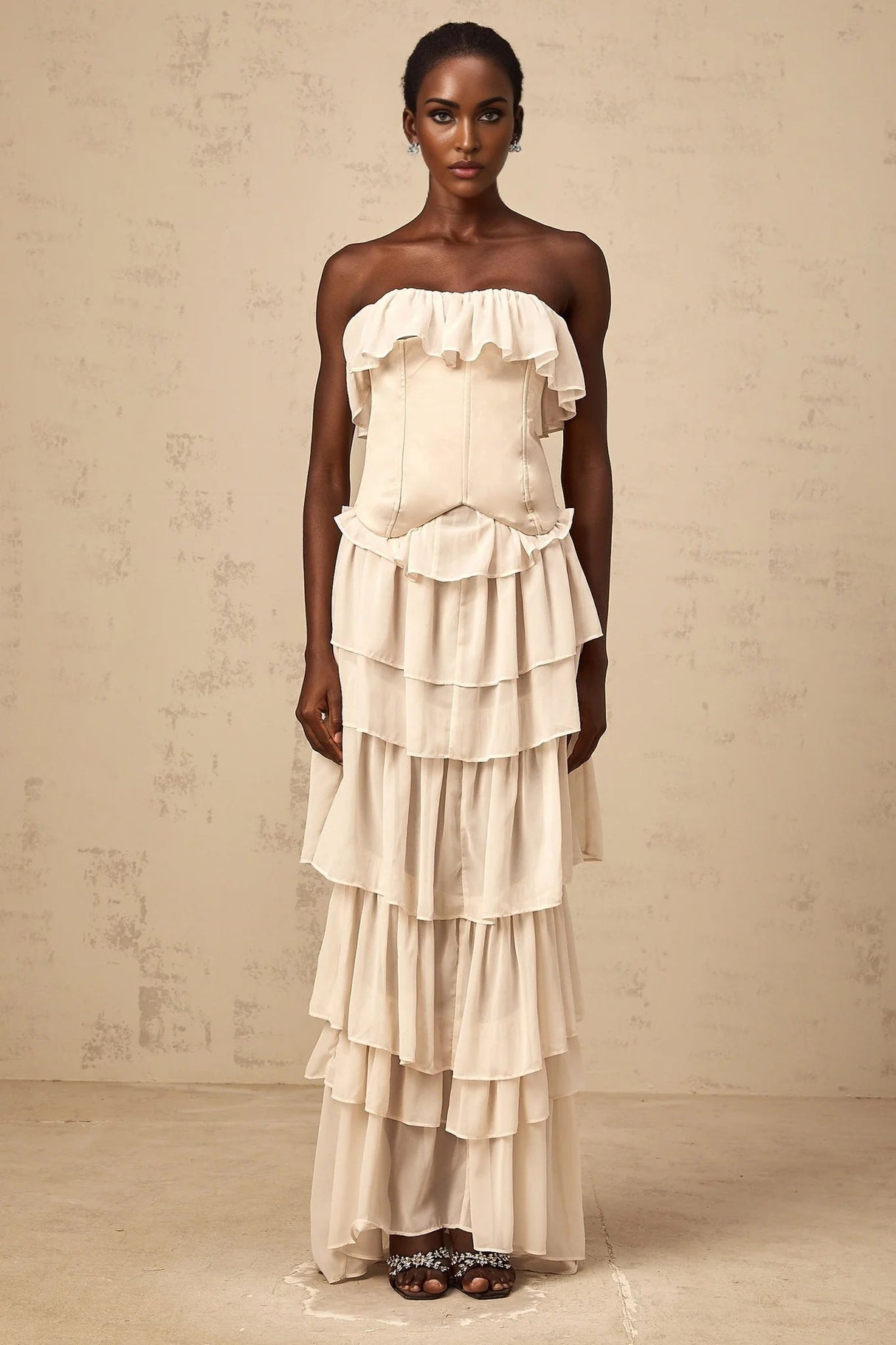 Lodovica Corset & Dress Set with Layered Ruffles in Neutrals