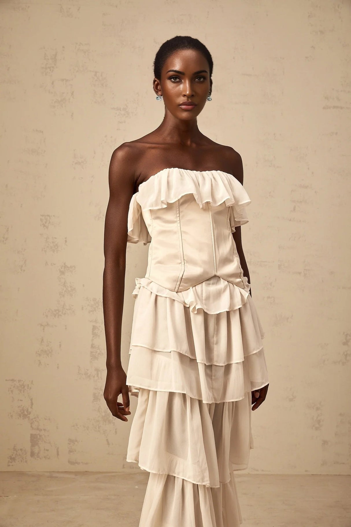 Lodovica Corset & Dress Set with Layered Ruffles in Neutrals