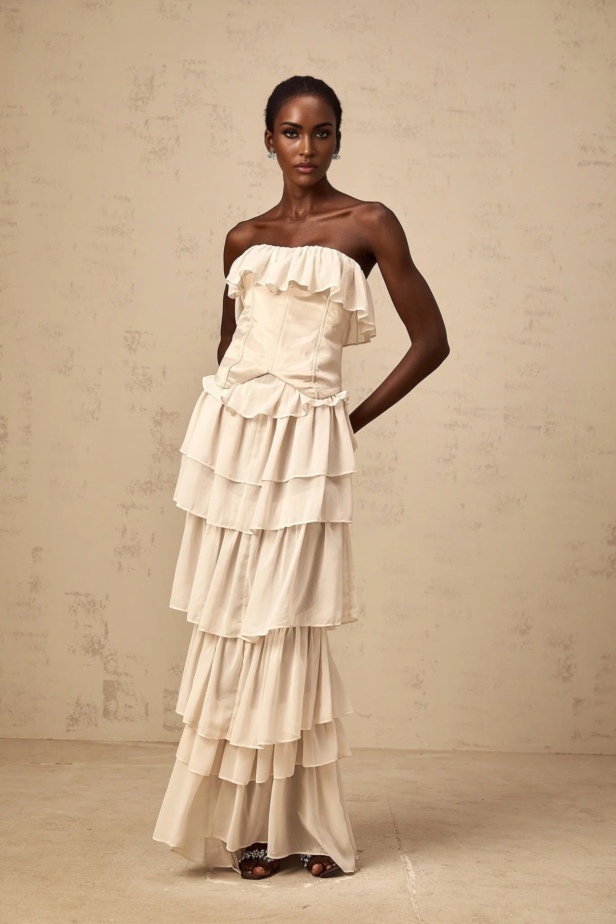 Lodovica Corset & Dress Set with Layered Ruffles in Neutrals