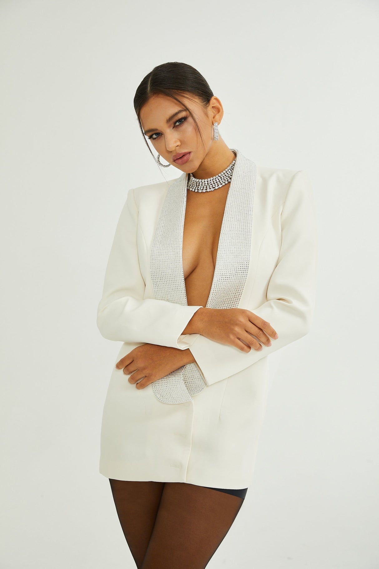 Lola Coat White Crystal Embellished VNeck Thigh Length