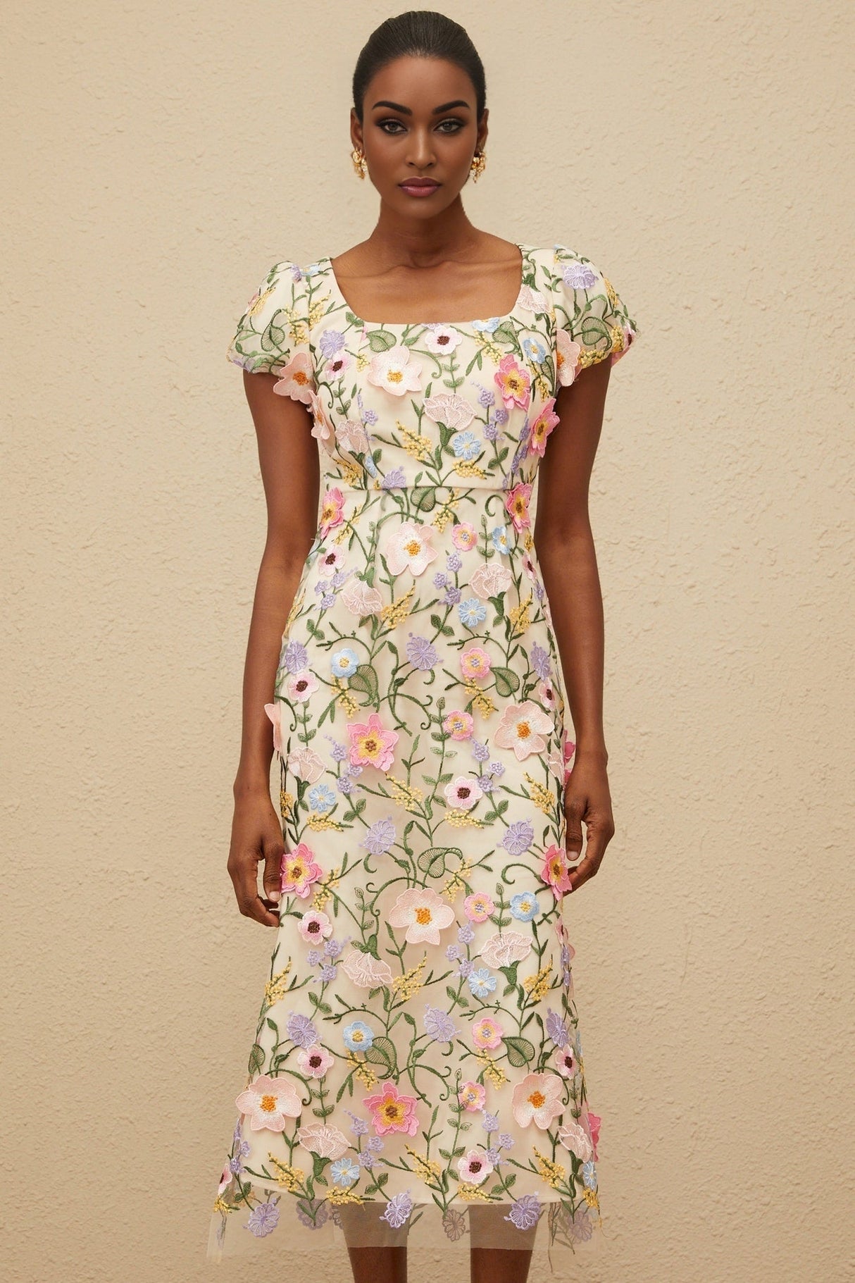 Lola Midi Dress - Cap Sleeves - Square Neck - Fitted Waistline - Tulle Overlay - Floral Embroidery