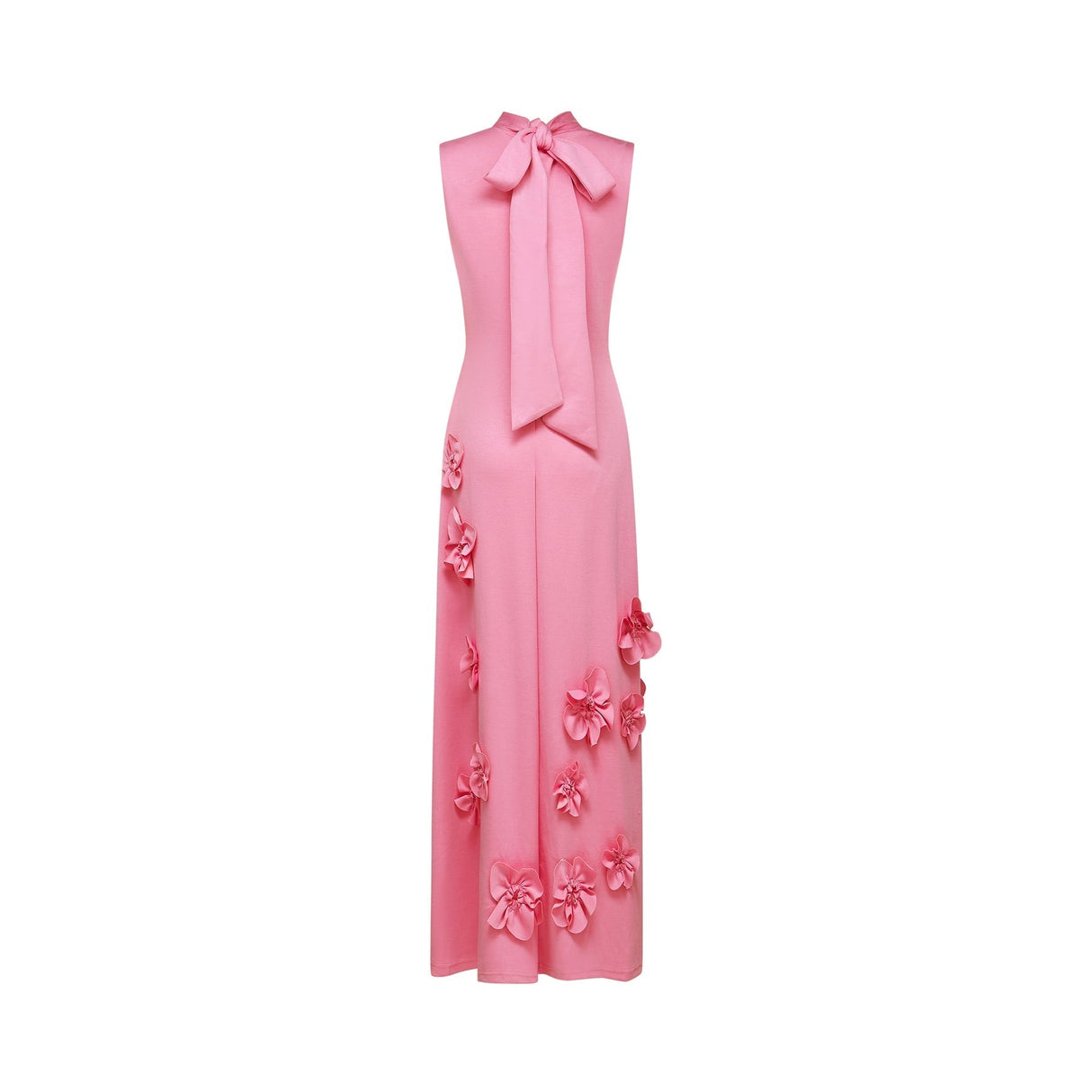 Lola Pink Maxi Dress with Faux - Flower Detail, Bow Neckline and Flounce Hem