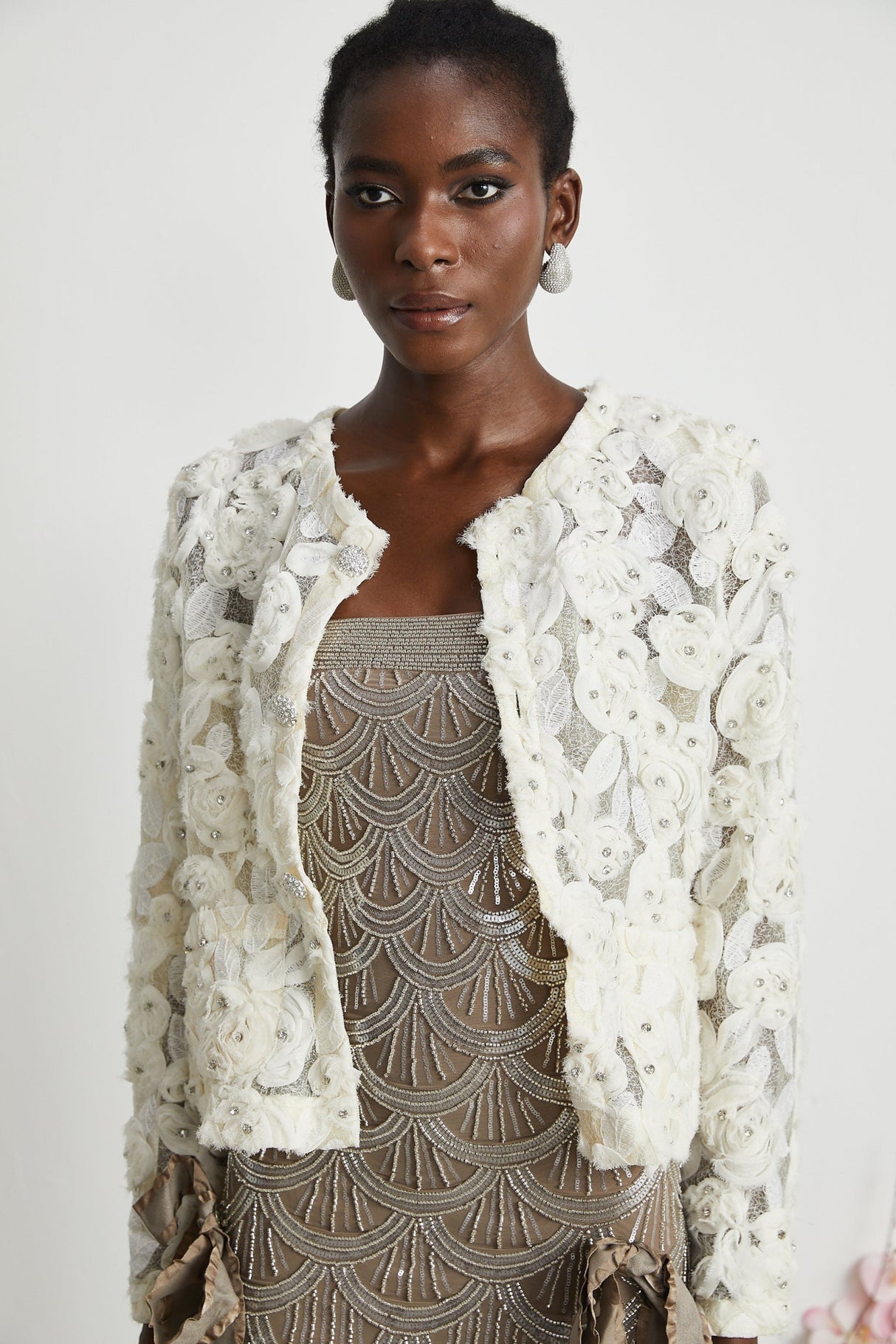 London Jacket White Floral Mesh Crystal & Buttons